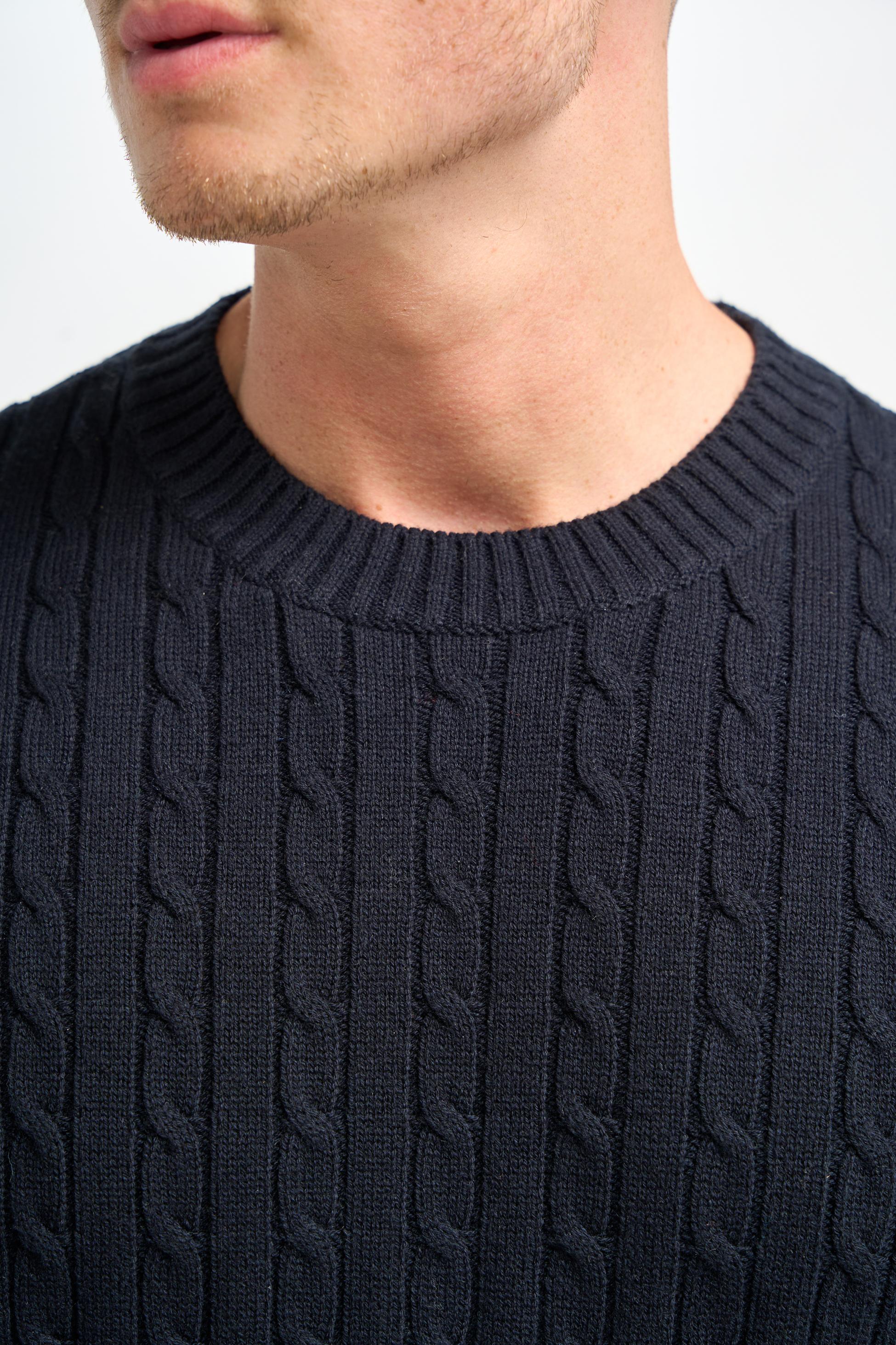Mens Navy Wool Cable Knit Pullover Jumper FOSTON