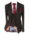 Checkered Tweed suit jacket with red tie and pocket square on a white background