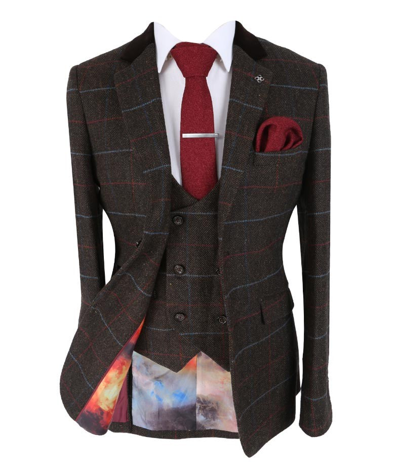 Checkered Tweed suit jacket with red tie and pocket square on a white background
