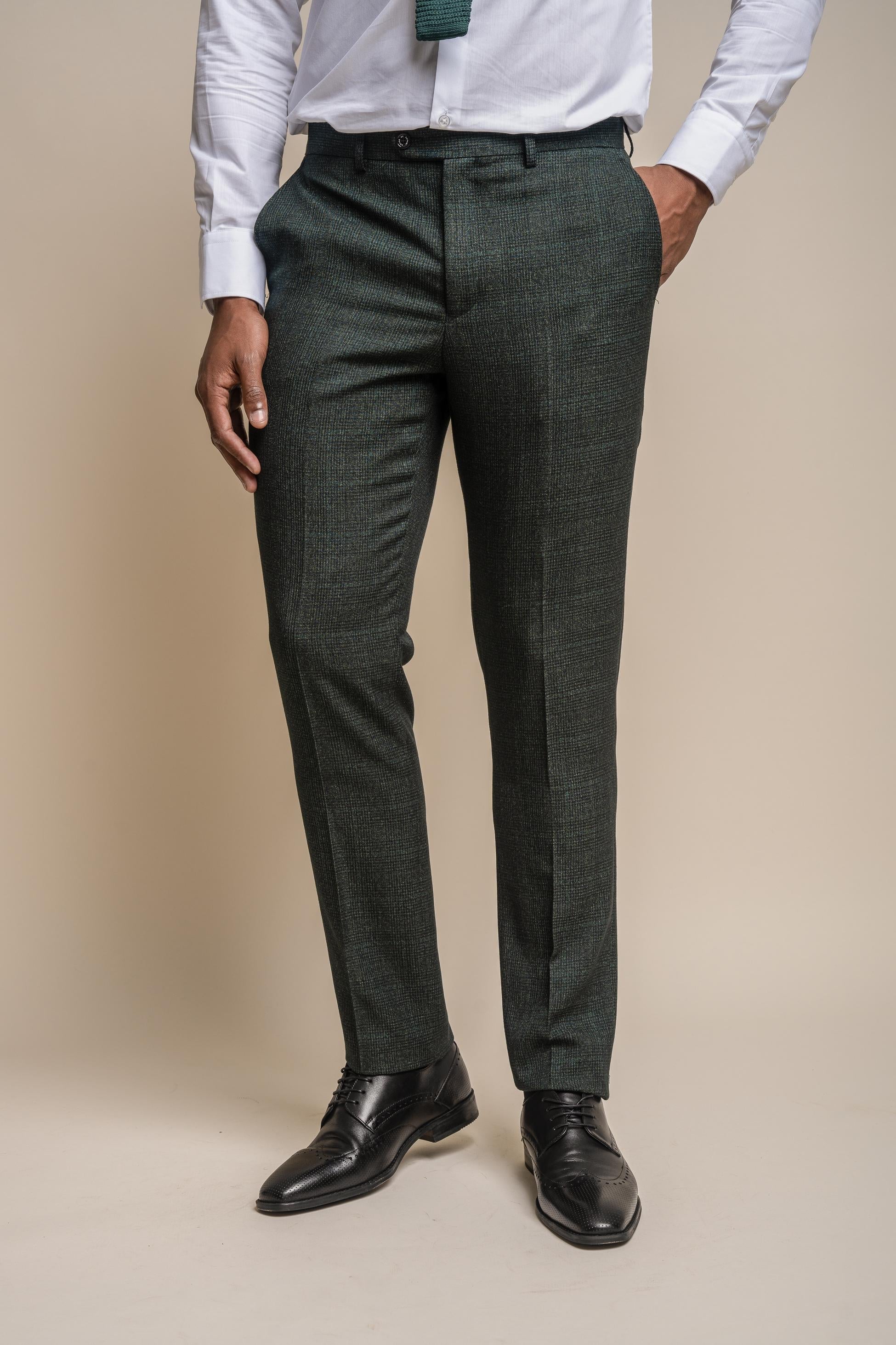 Men's Tweed Glen Check Slim Fit Trousers - CARIDI - Olive Green
