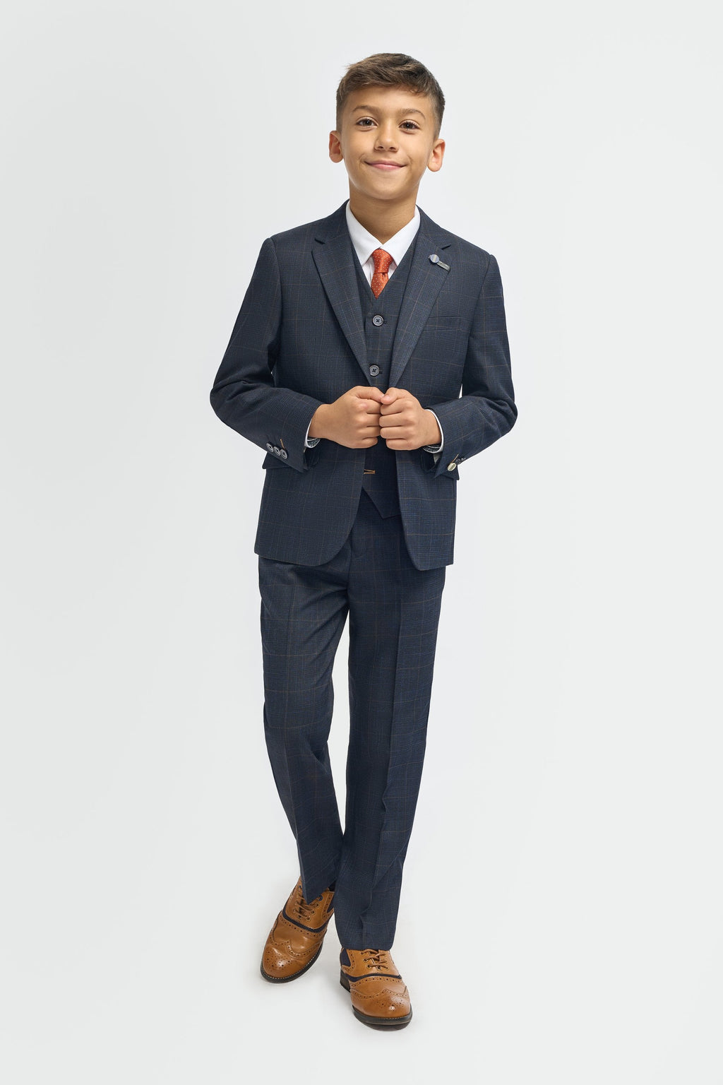 Boys Navy Blue 3 Piece Windowpane Check Suit TORINO