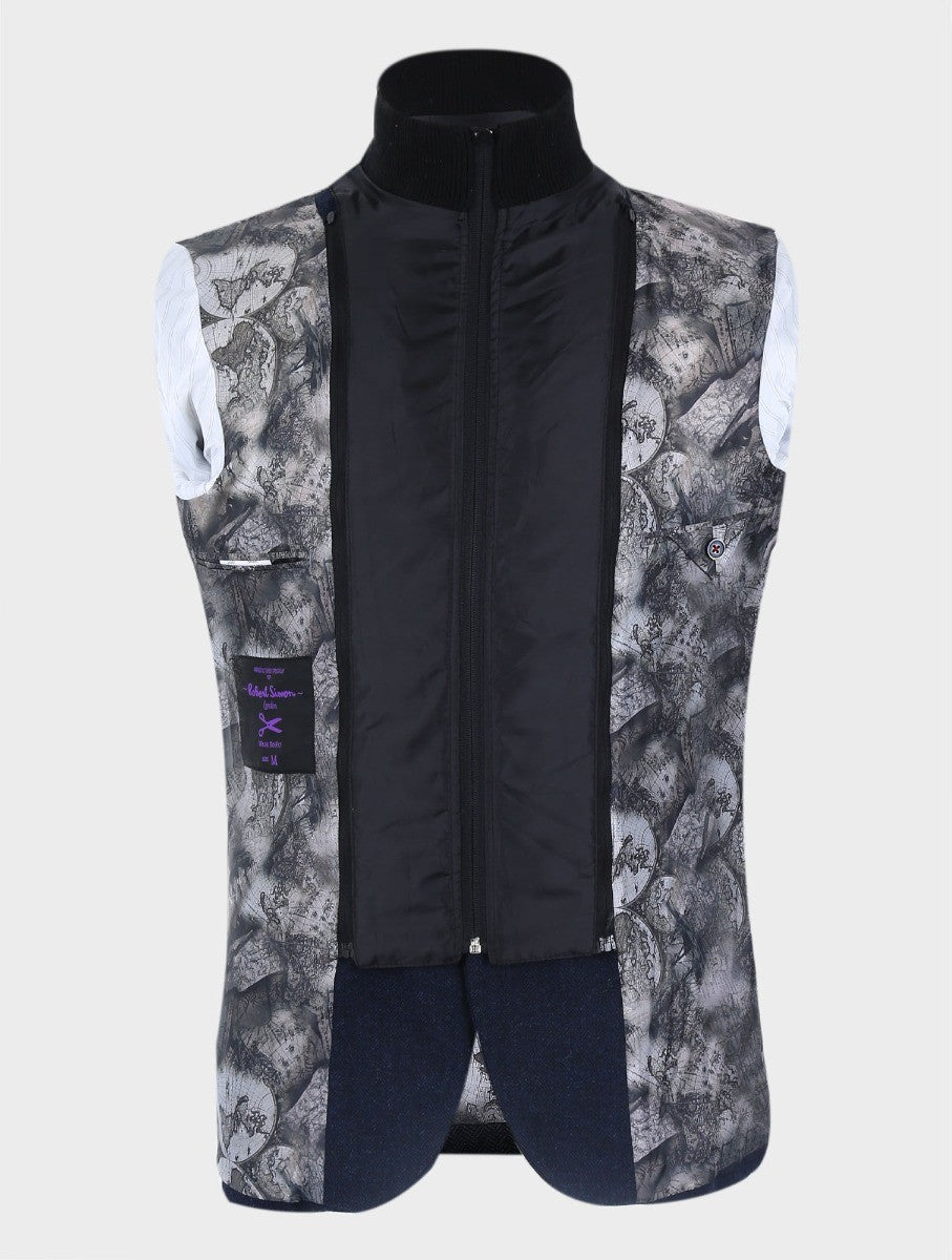 Mens Navy Herringbone Coat with Removable Zipper