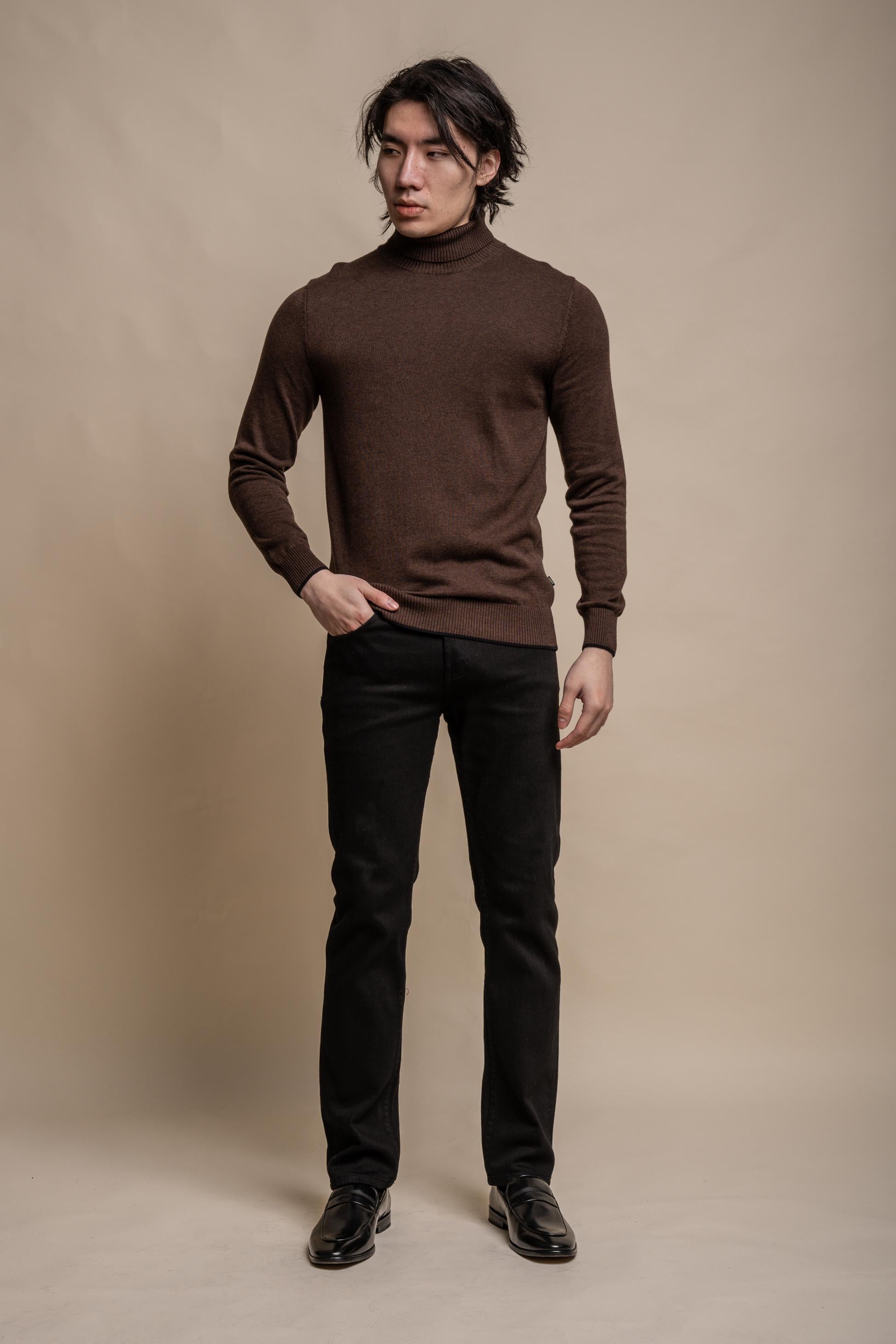 Mens Brown Cotton Turtleneck Jumper KARRIS