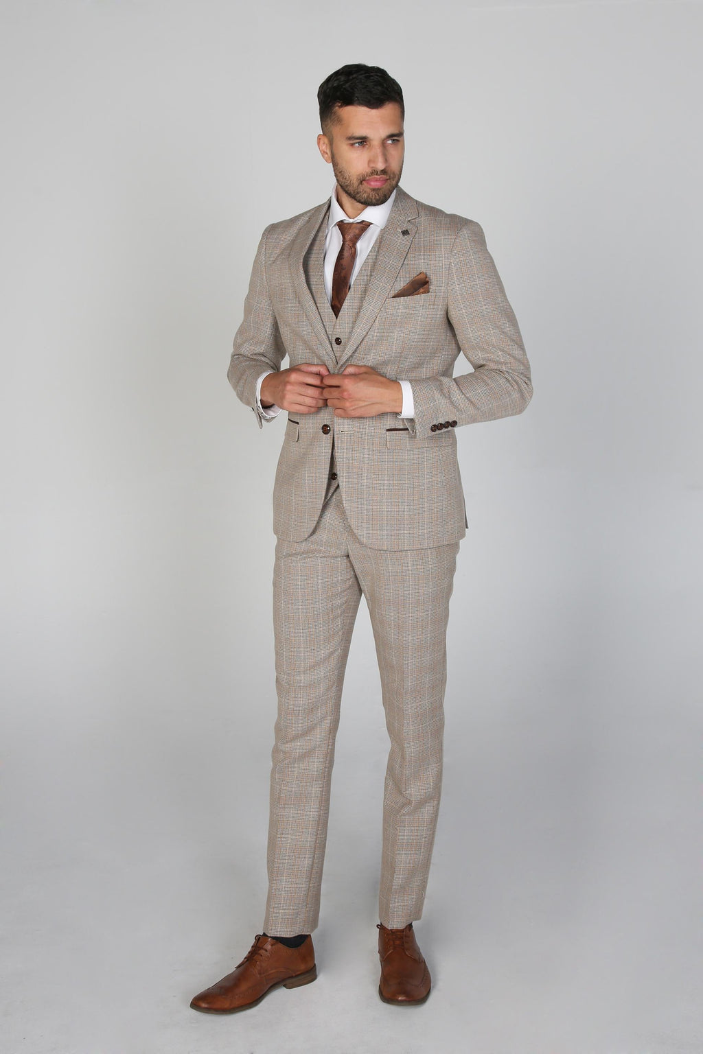 Mens Beige Brown Tweed Check Tailored Fit Suit HOLLAND