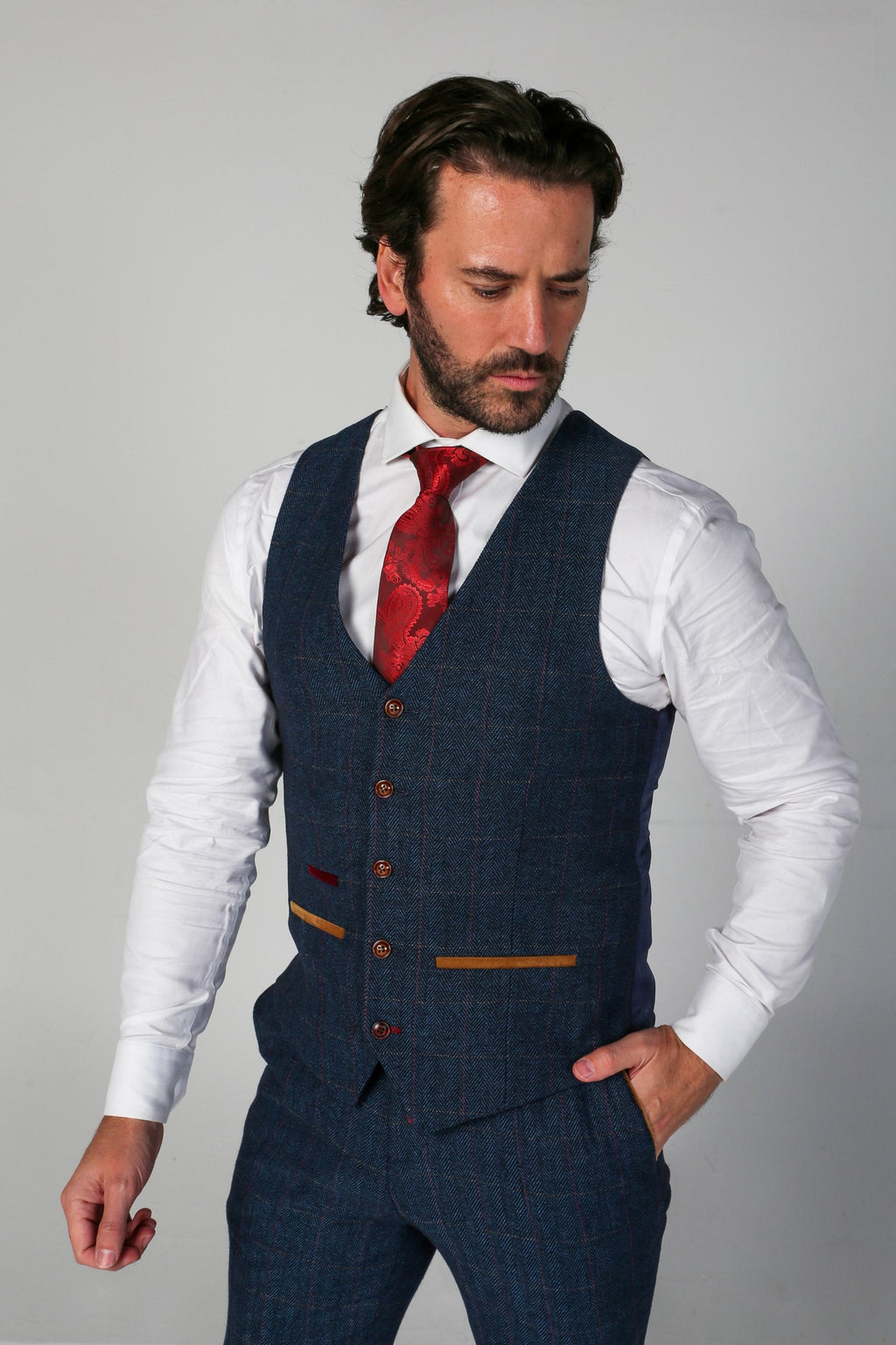 Men's Scott Navy Blue Herringbone Tweed Tailored Fit Suit