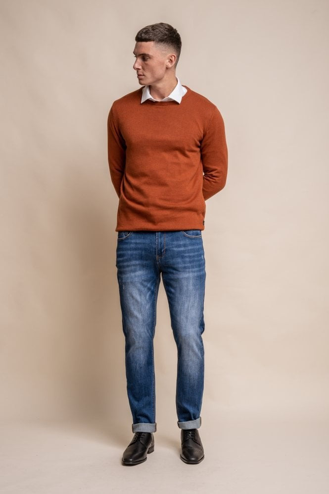 Mens Rustic Brick Cotton Slim Fit Crewneck Jumper