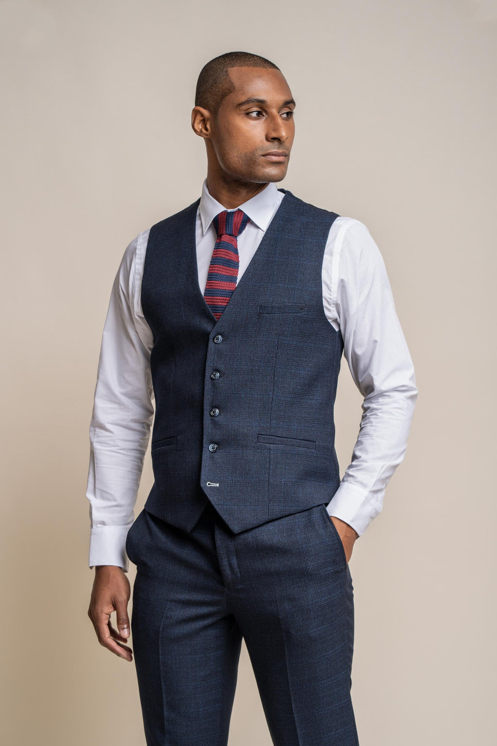 Mens navy tweed glen check slim fit formal waistcoat Caridi
