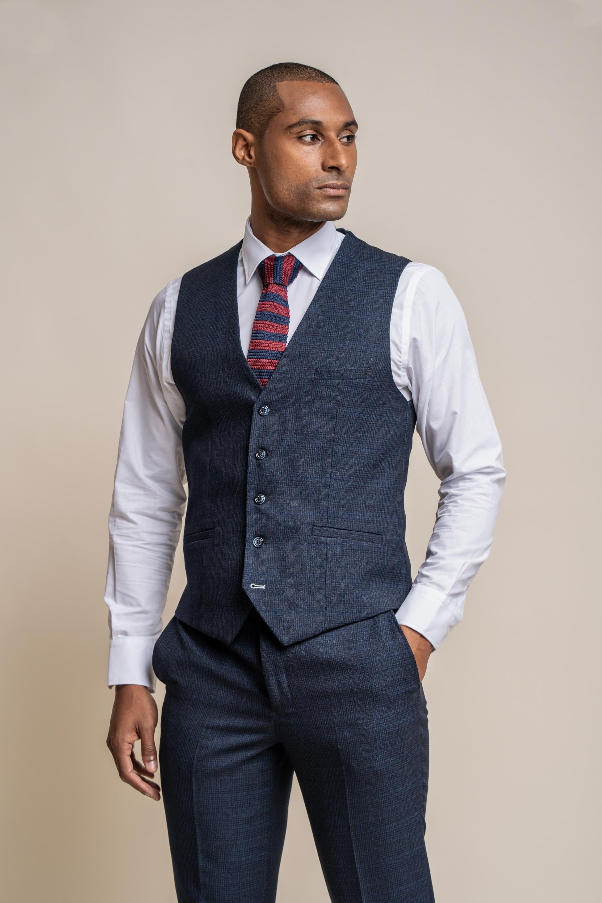Mens navy tweed glen check slim fit formal waistcoat Caridi