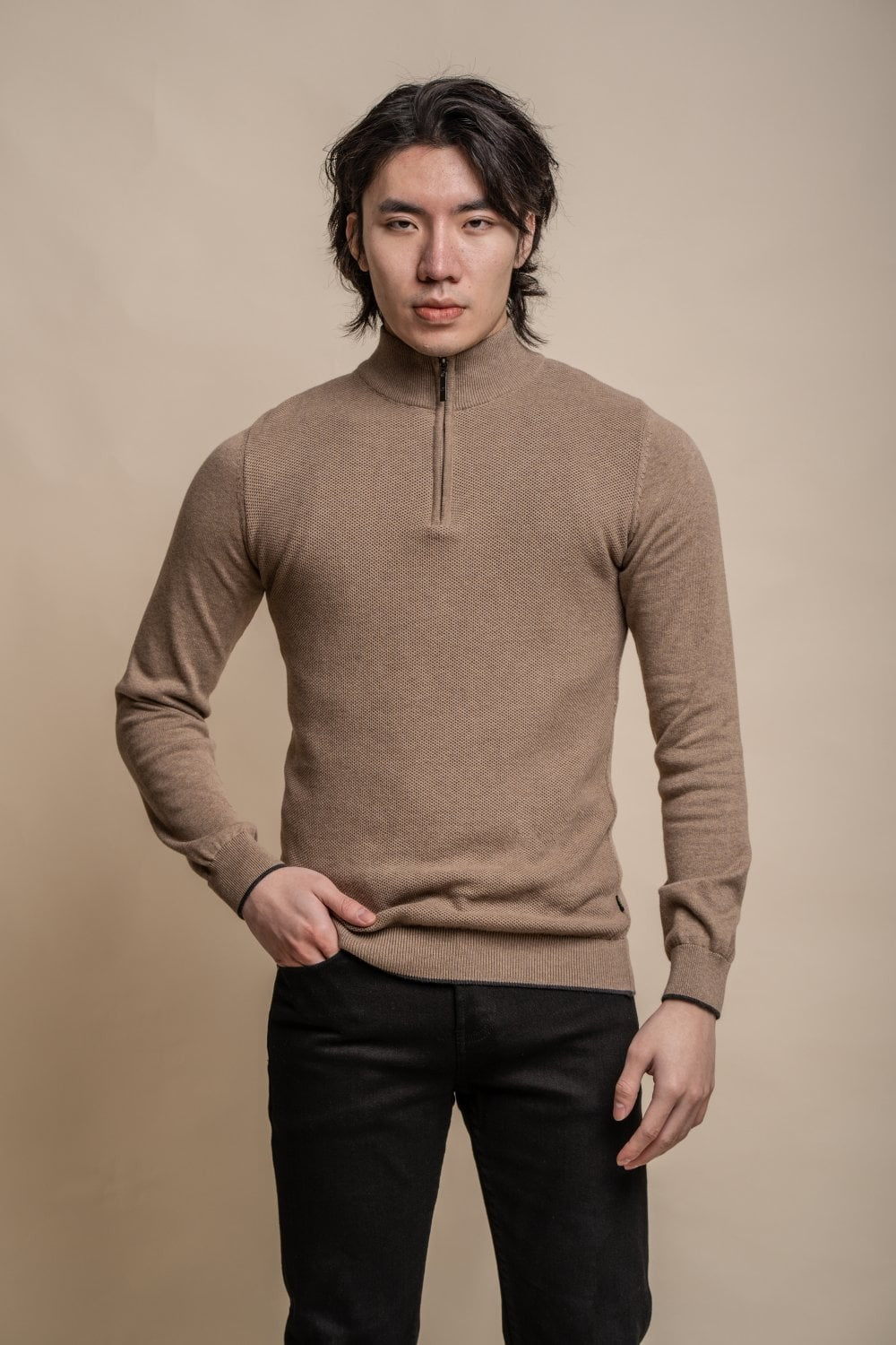 Men’s cotton quarter-zip jumper, casual stand collar