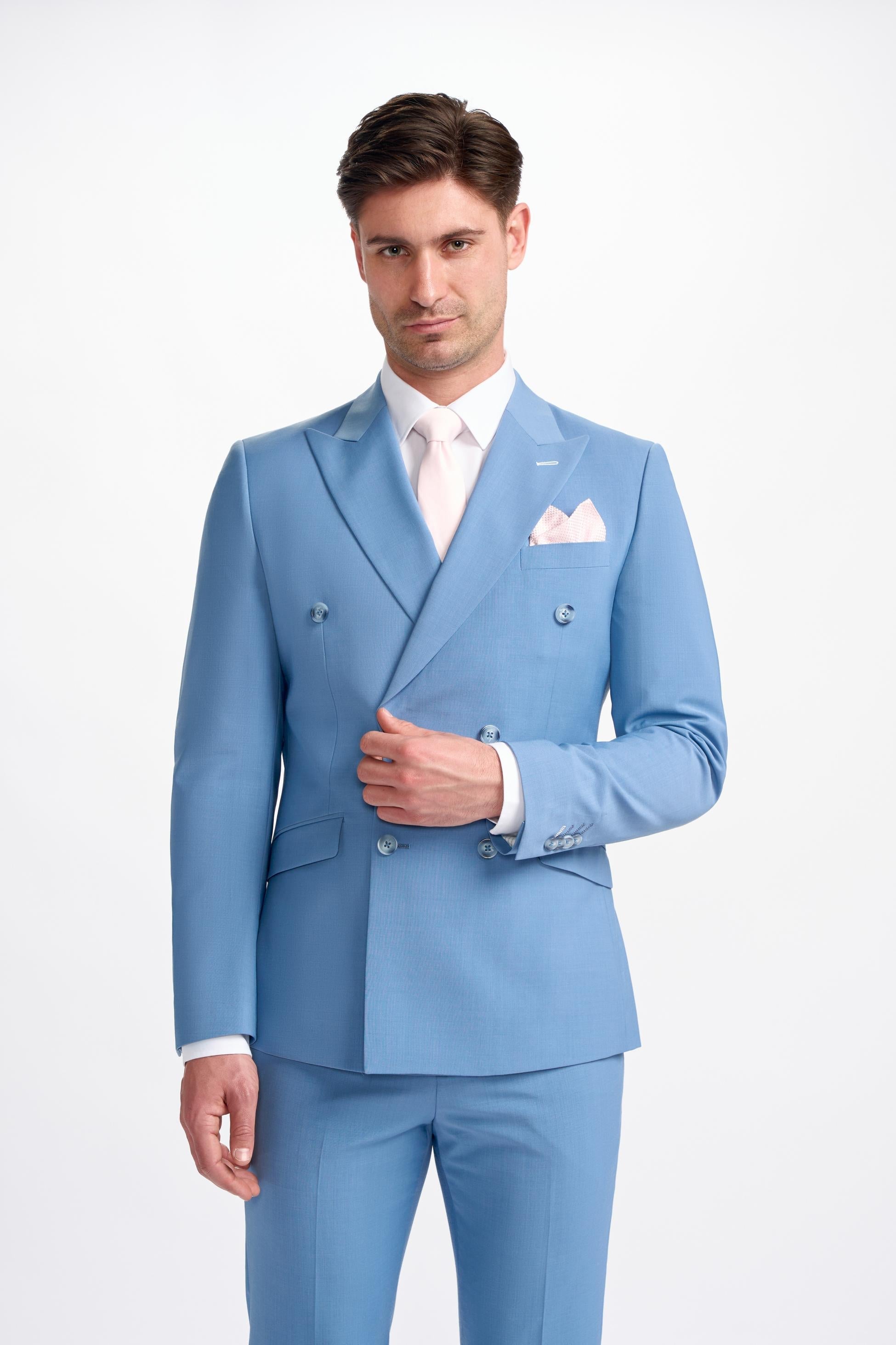 BOND D/B Ocean Blue Men's Wool Blend Double-Breasted Suit