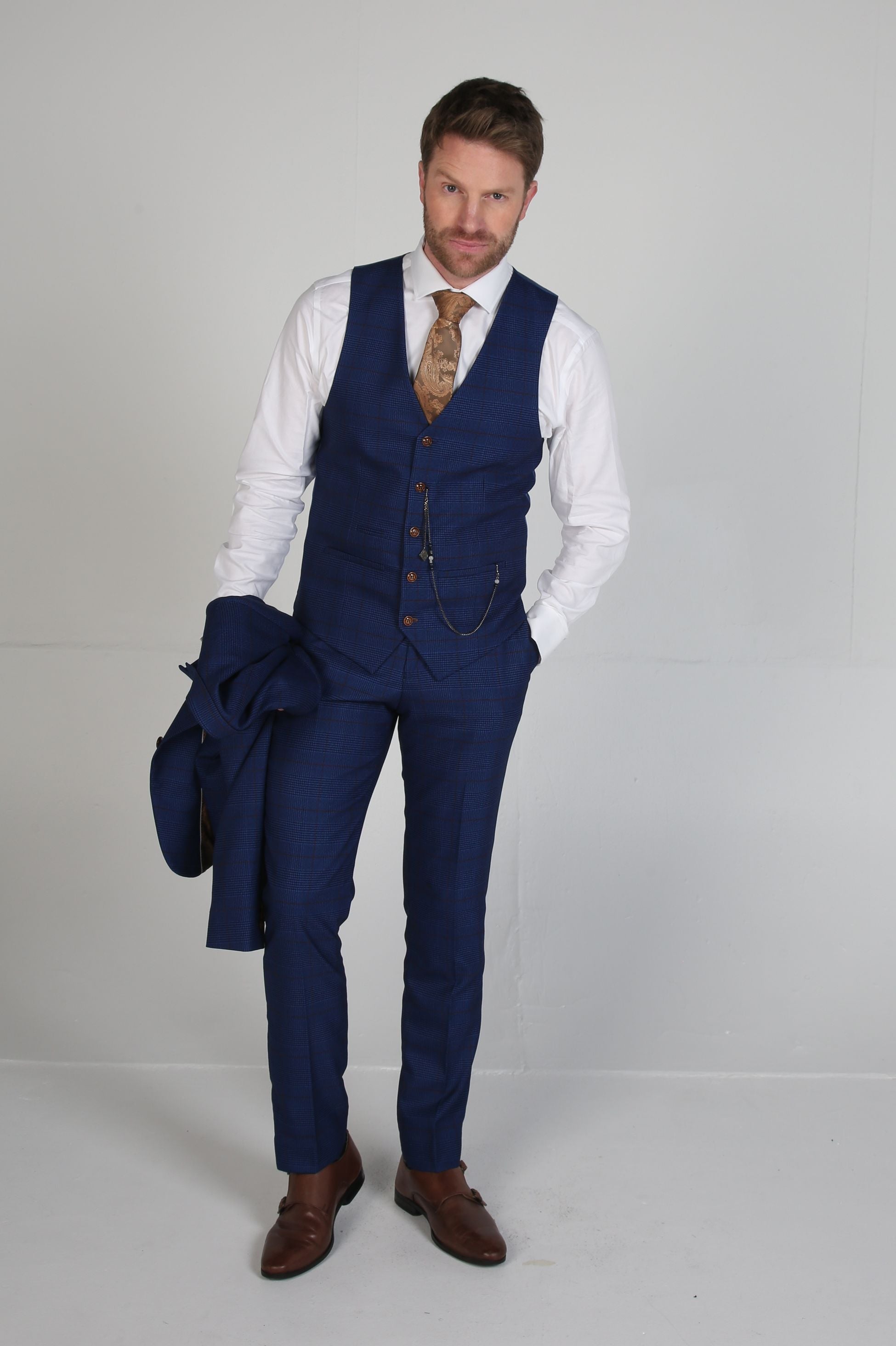 Mens Royal Blue Tweed Windowpane Formal Suit ALEX