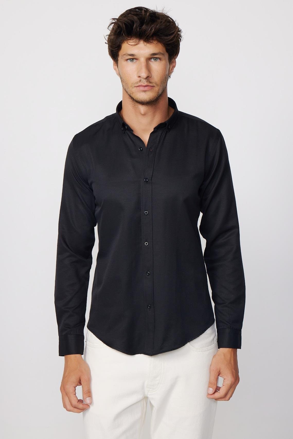 Mens Gabardin Black Slim Fit Cotton Oxford Button Down Shirt