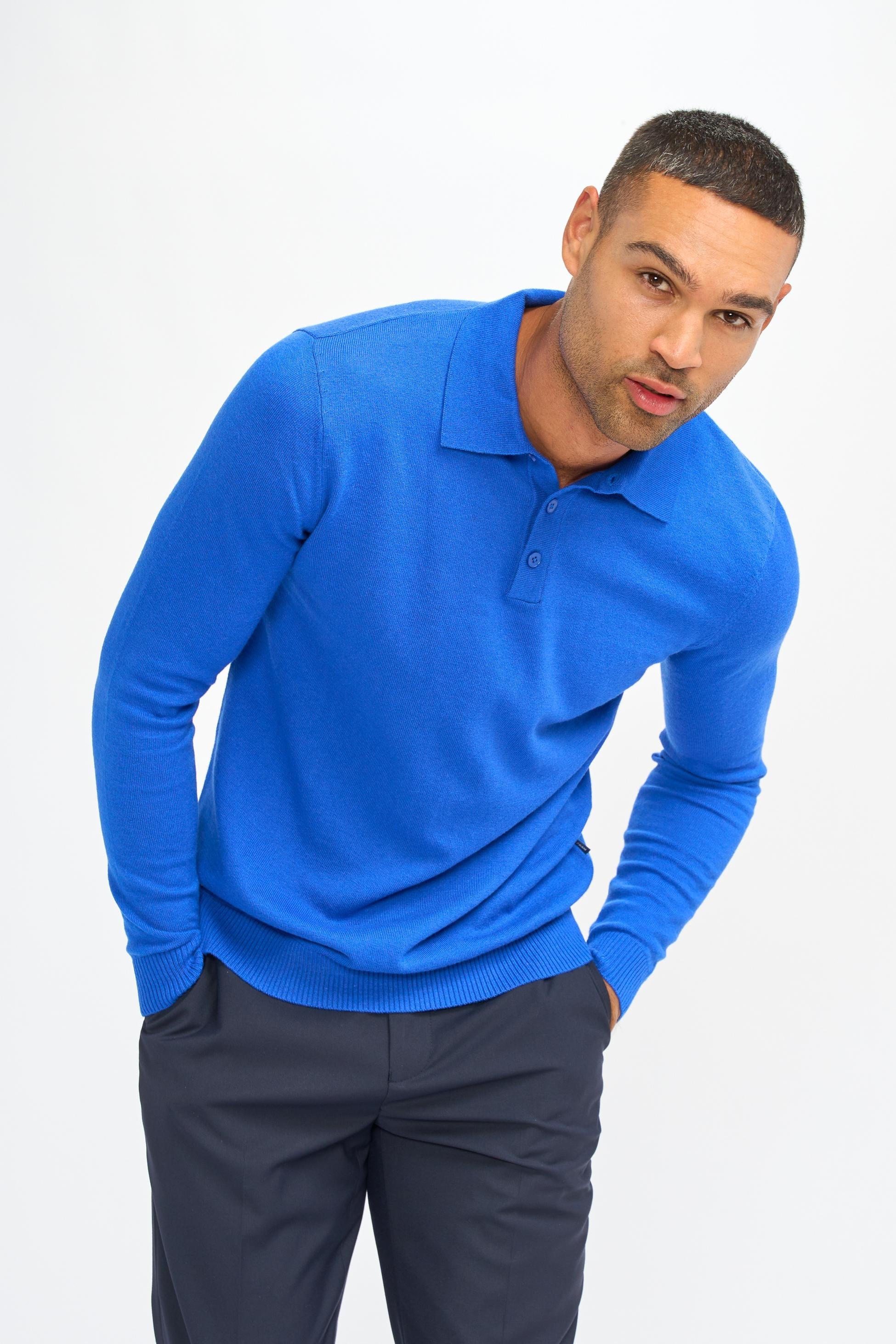 Mens Electric Blue Wool Knit Long Sleeve Polo Shirt BOOM