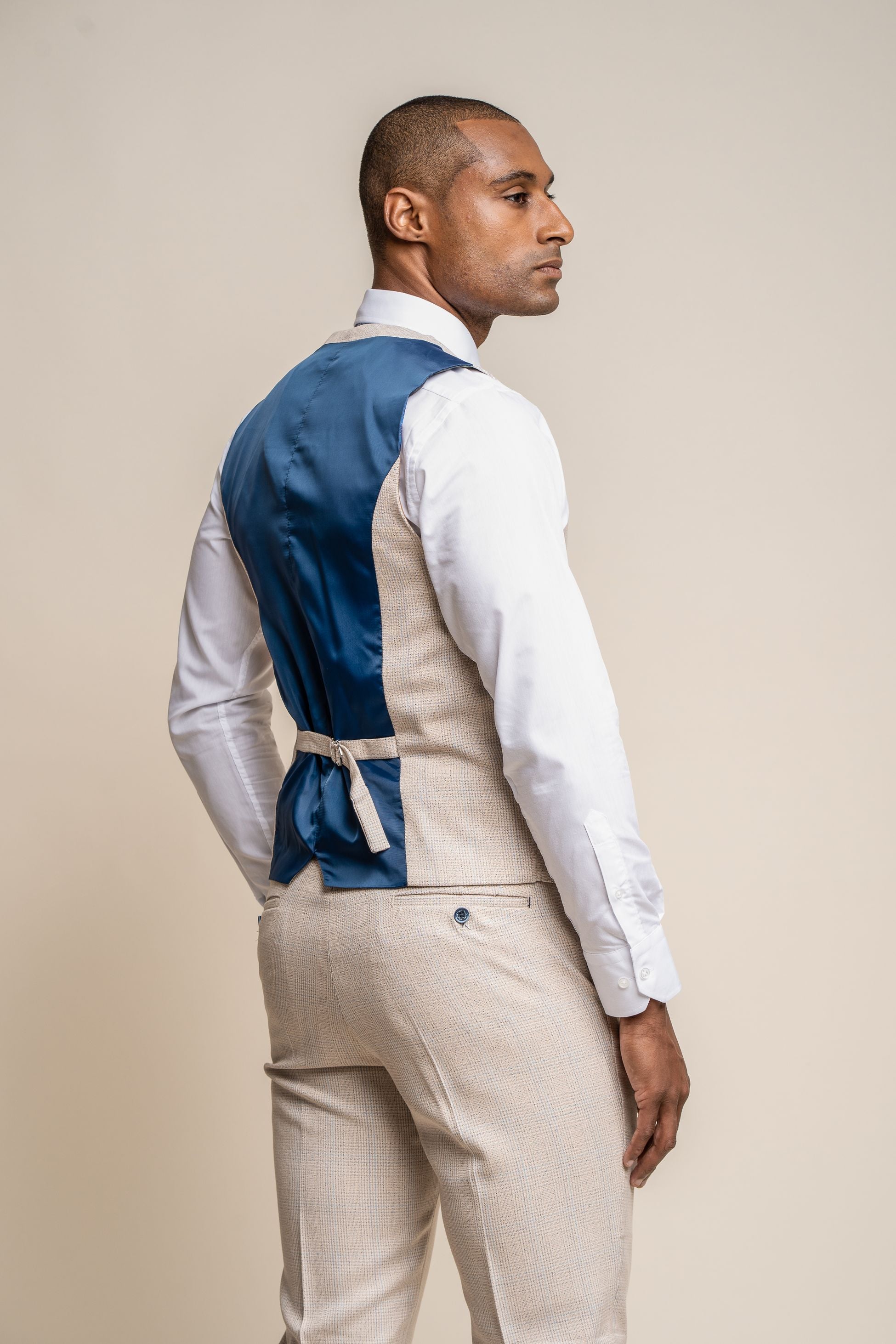 Mens Beige Tweed Glen Check Slim Fit Formal Waistcoat CARIDI