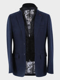 Mens navy herringbone coat with removable zipper displayed front