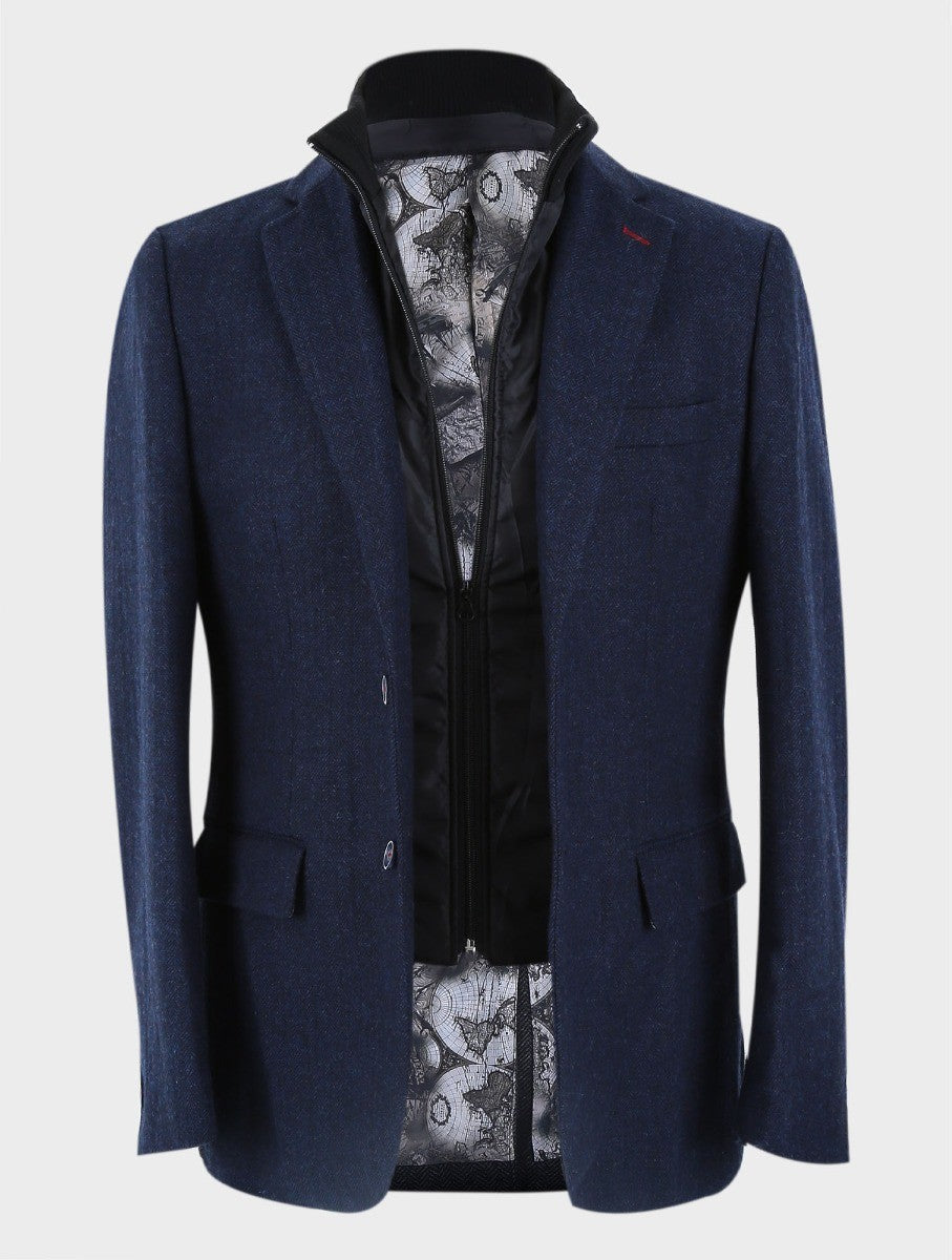 Mens navy herringbone coat with removable zipper displayed front