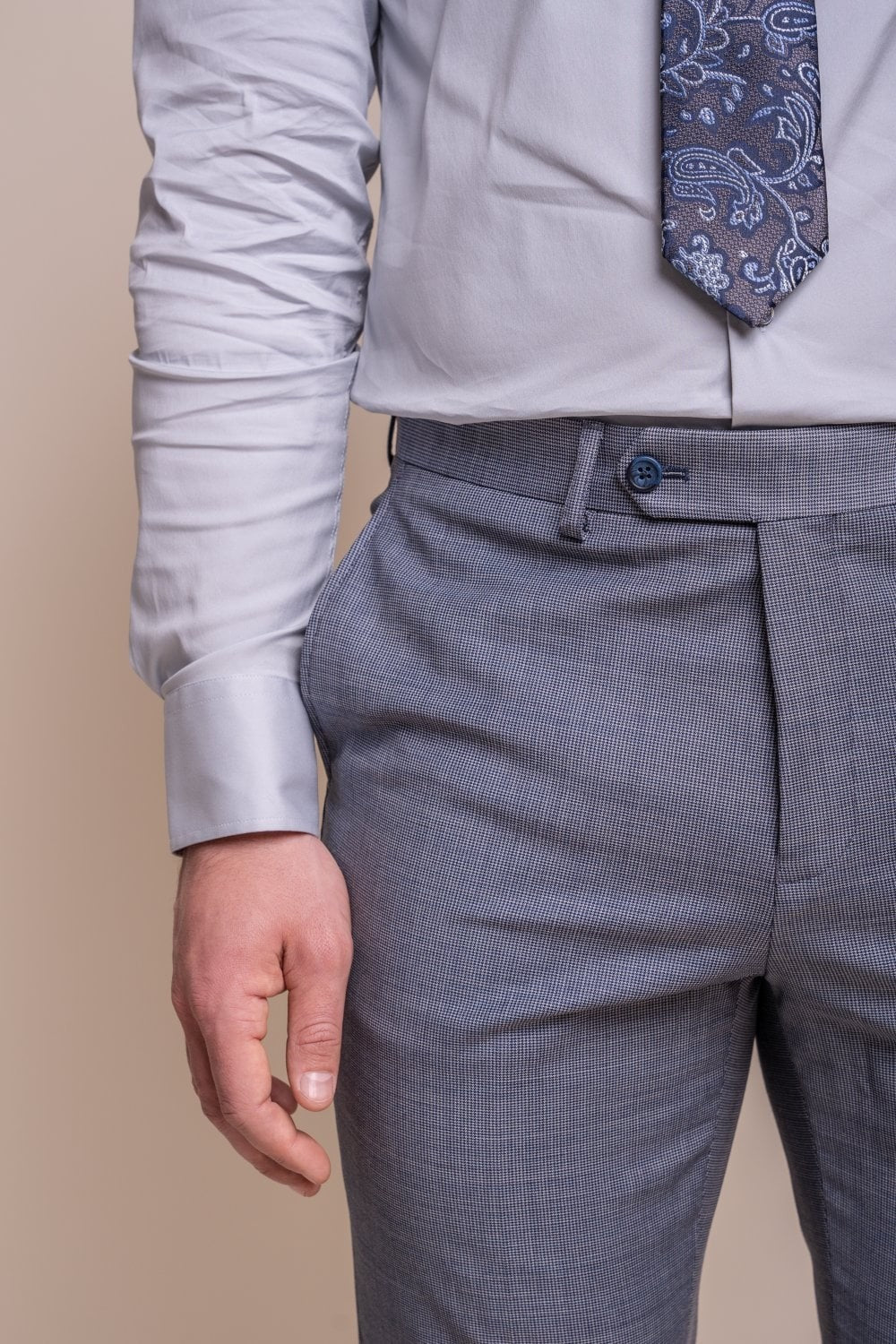 Men's Wool Blend Slim Fit Trousers - BOND - Puppytooth Grey