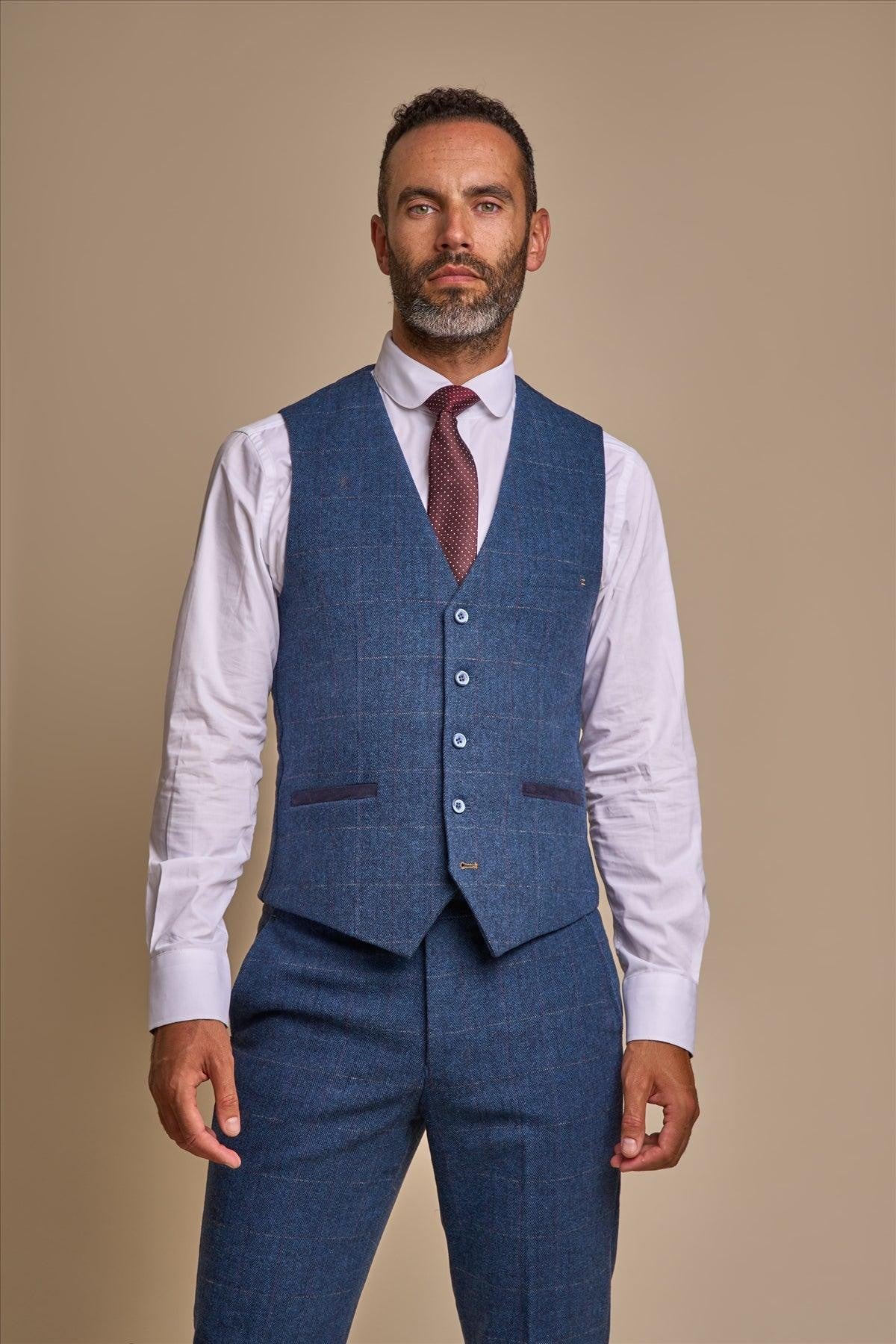 Mens blue herringbone tweed suit waistcoat CarnegI