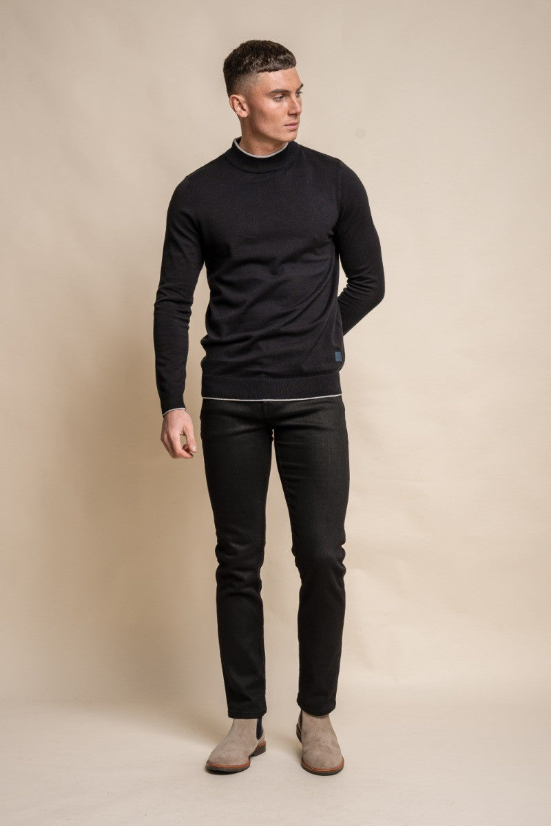 Mens Black Cotton Turtle Neck Jumper NEW RIO