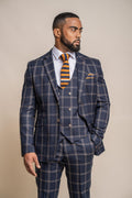 Man wearing a blue checkered suit with a striped tie against a beige background