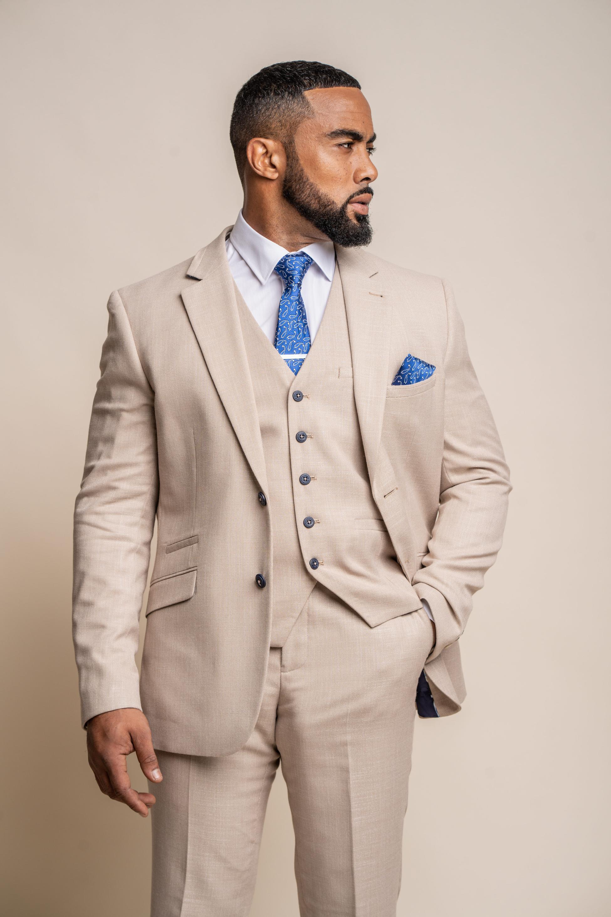 Mens beige slim fit suit jacket MIAMI on mannequin
