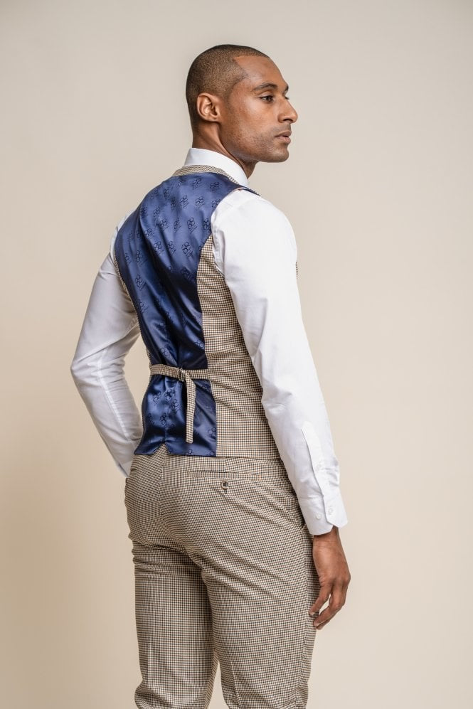 Mens Tan Brown Houndstooth Check Skinny Fit Waistcoat ELWOOD