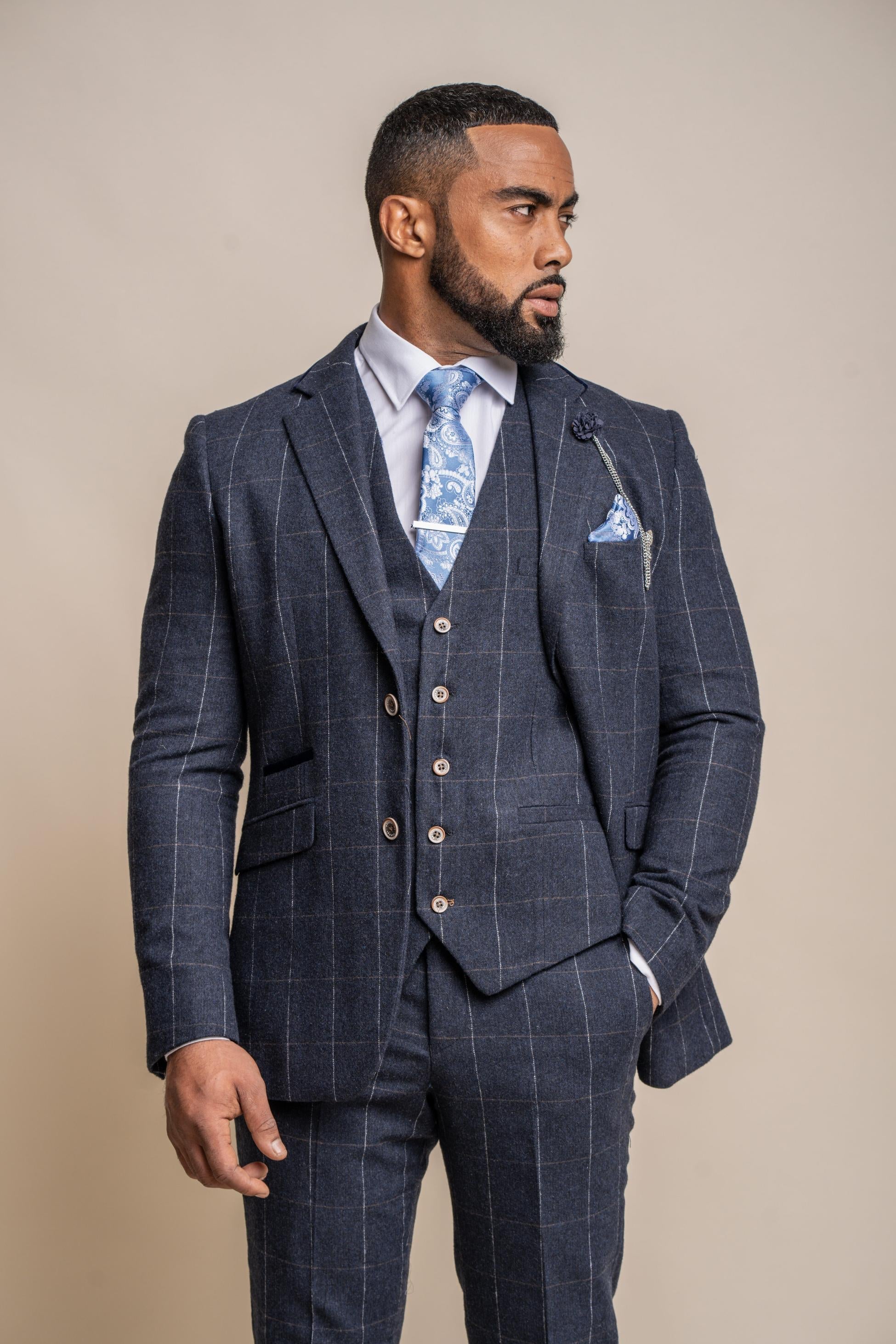 Men's Angels Premium Wool Navy Windowpane Check Suit