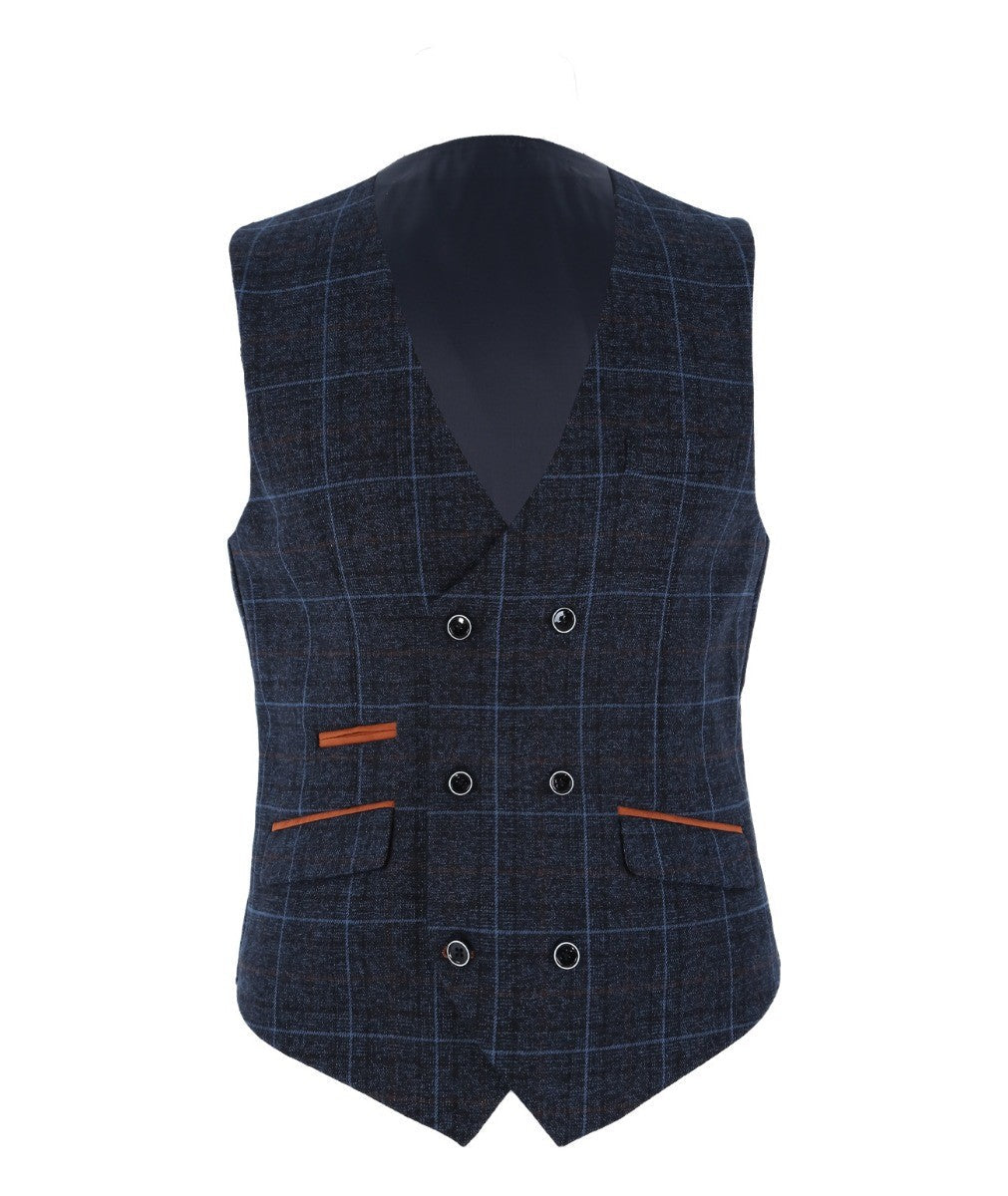 Mens Navy Retro Check Tailored Fit Waistcoat ANTHONY