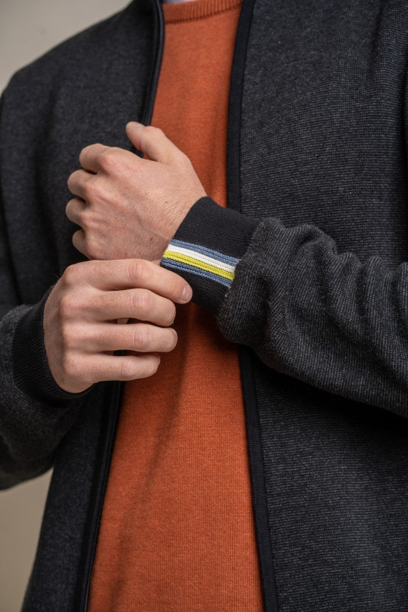 Mens Charcoal Grey Knitted Cotton Slim Fit Cardigan Jacket ARTEGA