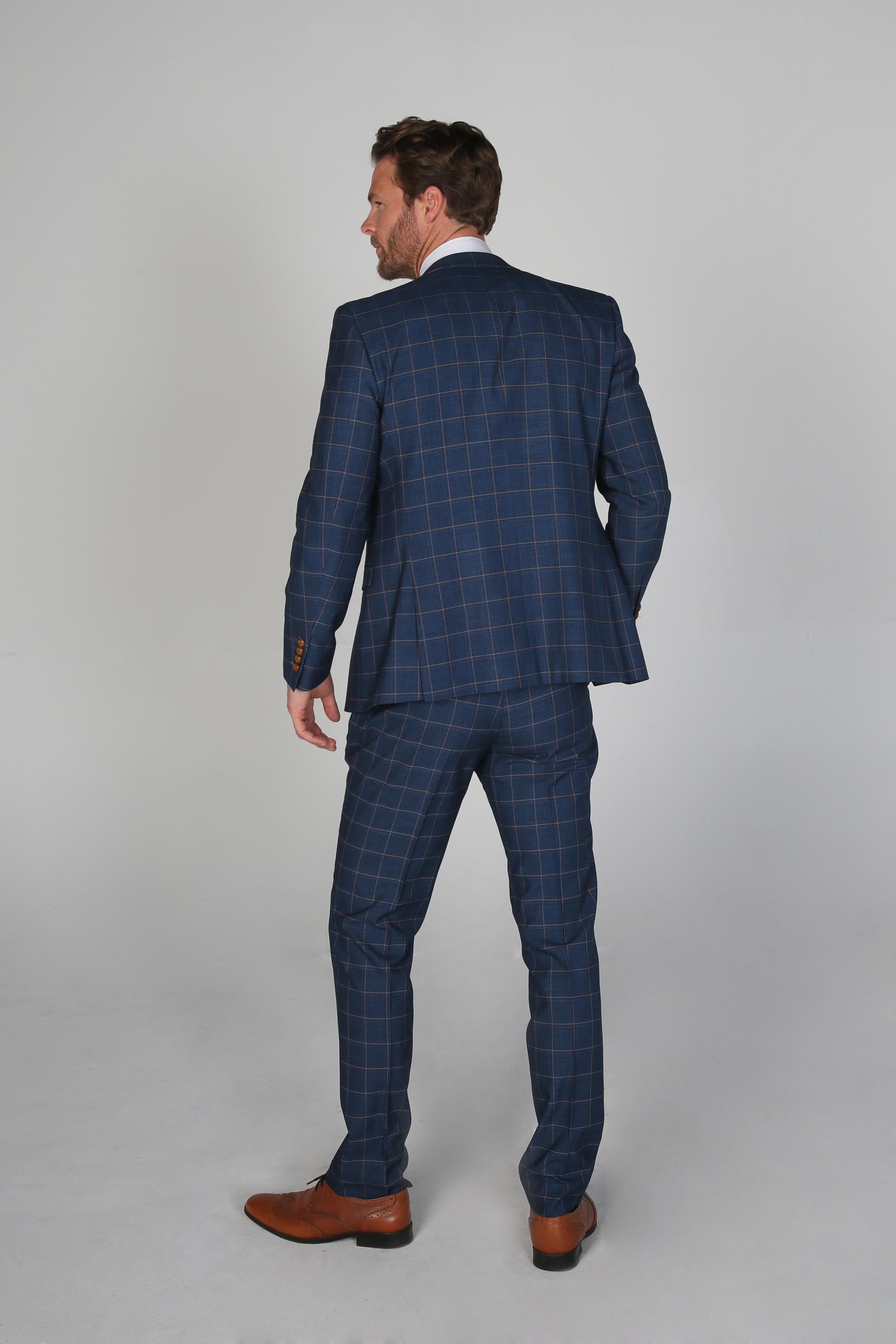 Mens Cornflower Blue Tailored Fit Windowpane Check Suit HAMLEYS