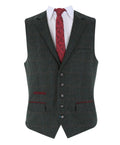 Mens green tweed check tailored fit waistcoat Joshua