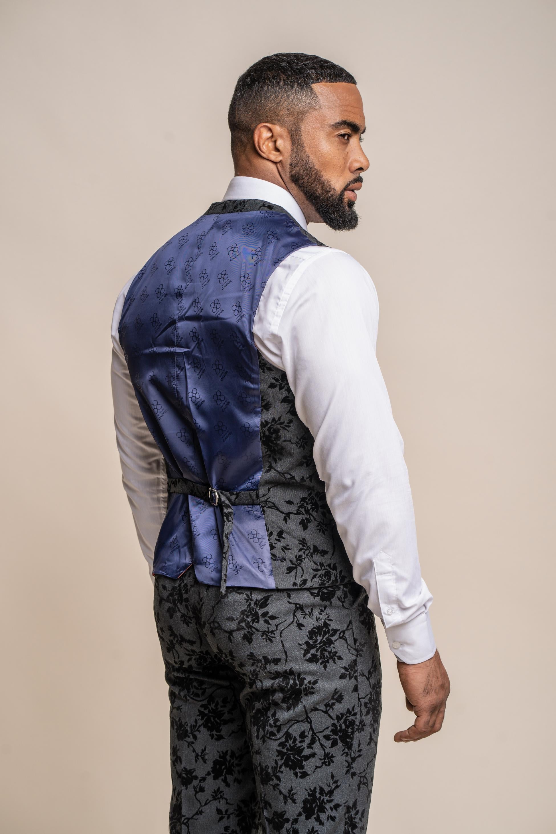 Mens Black Velvet Floral Embroidered Waistcoat GEORGI