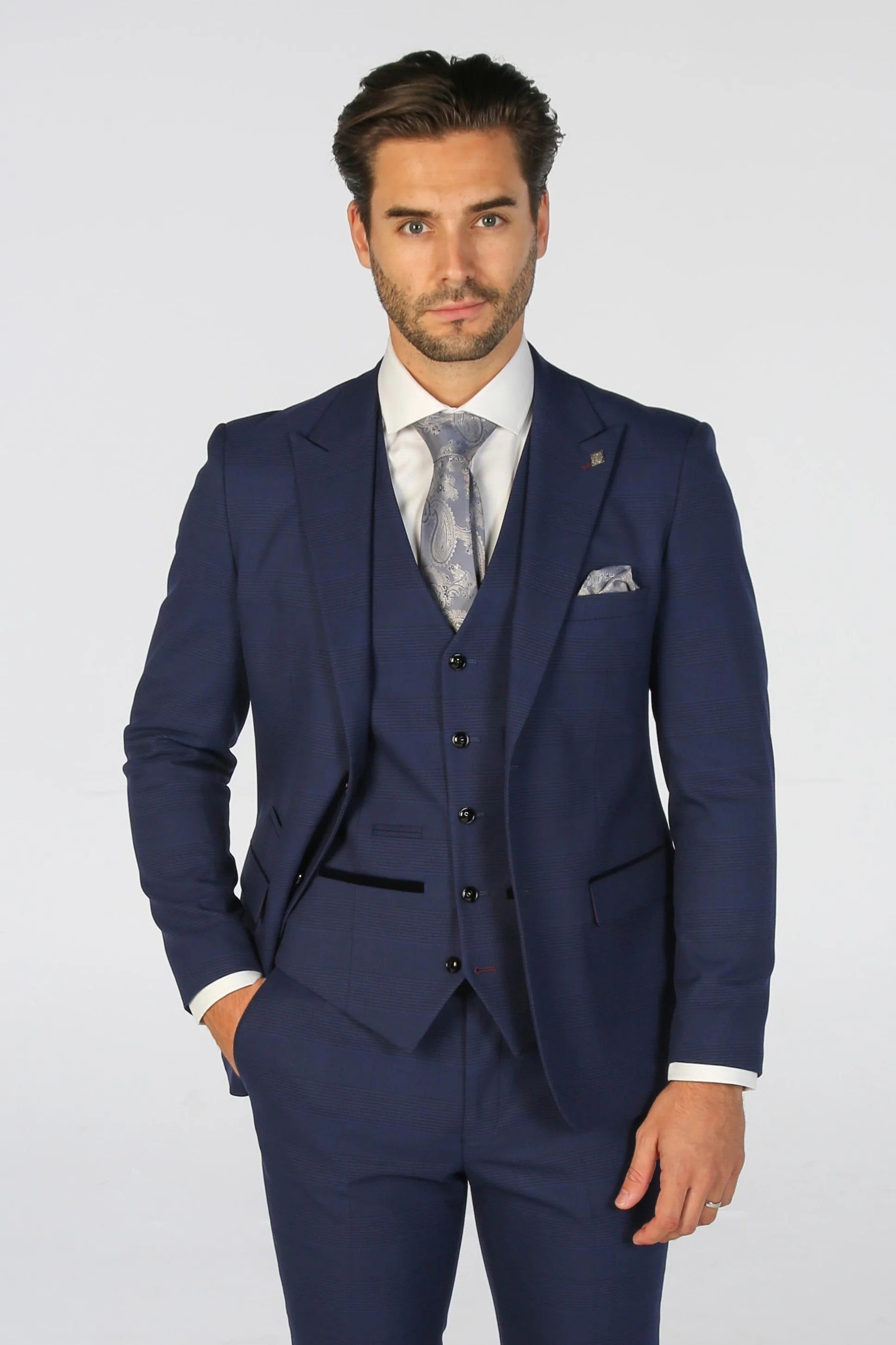 Men's Mark Deep Navy Blue Check Tailored Fit Business Suit