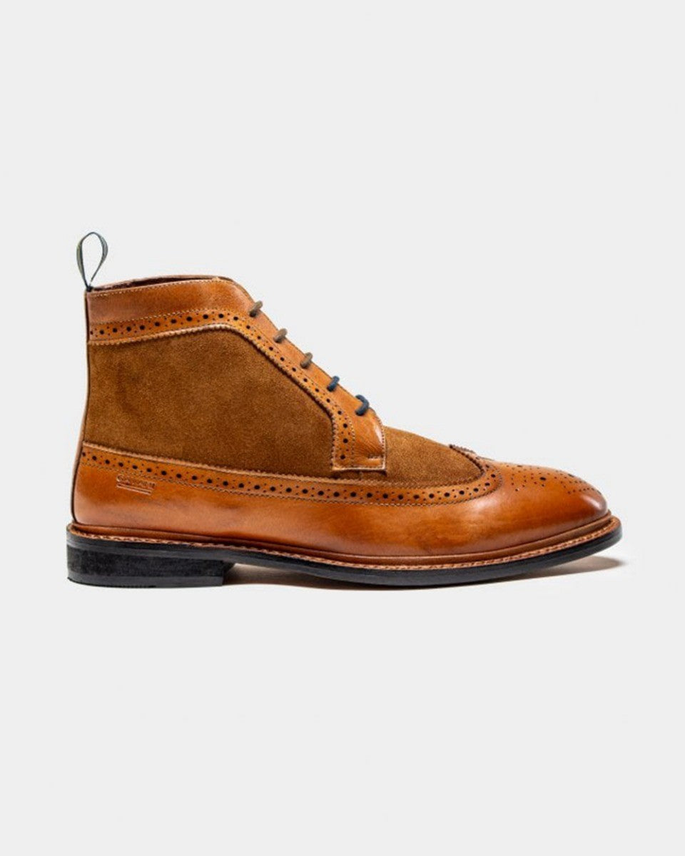 Mens Tan Brown Genuine Leather and Suede Brogue Boots BOSWORTH