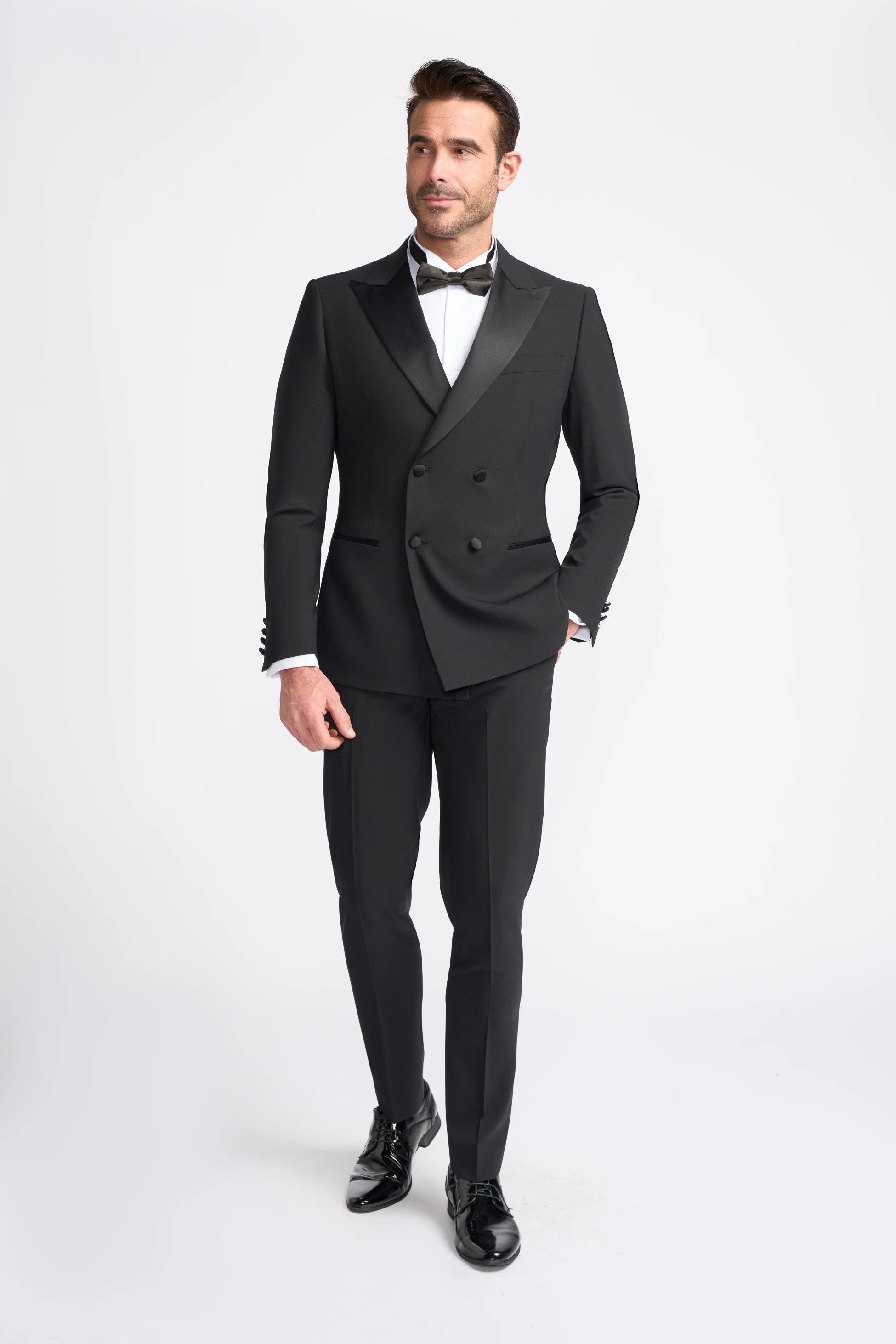 Mens Black Satin Lapel Double Breasted Suit Jacket ASPEN