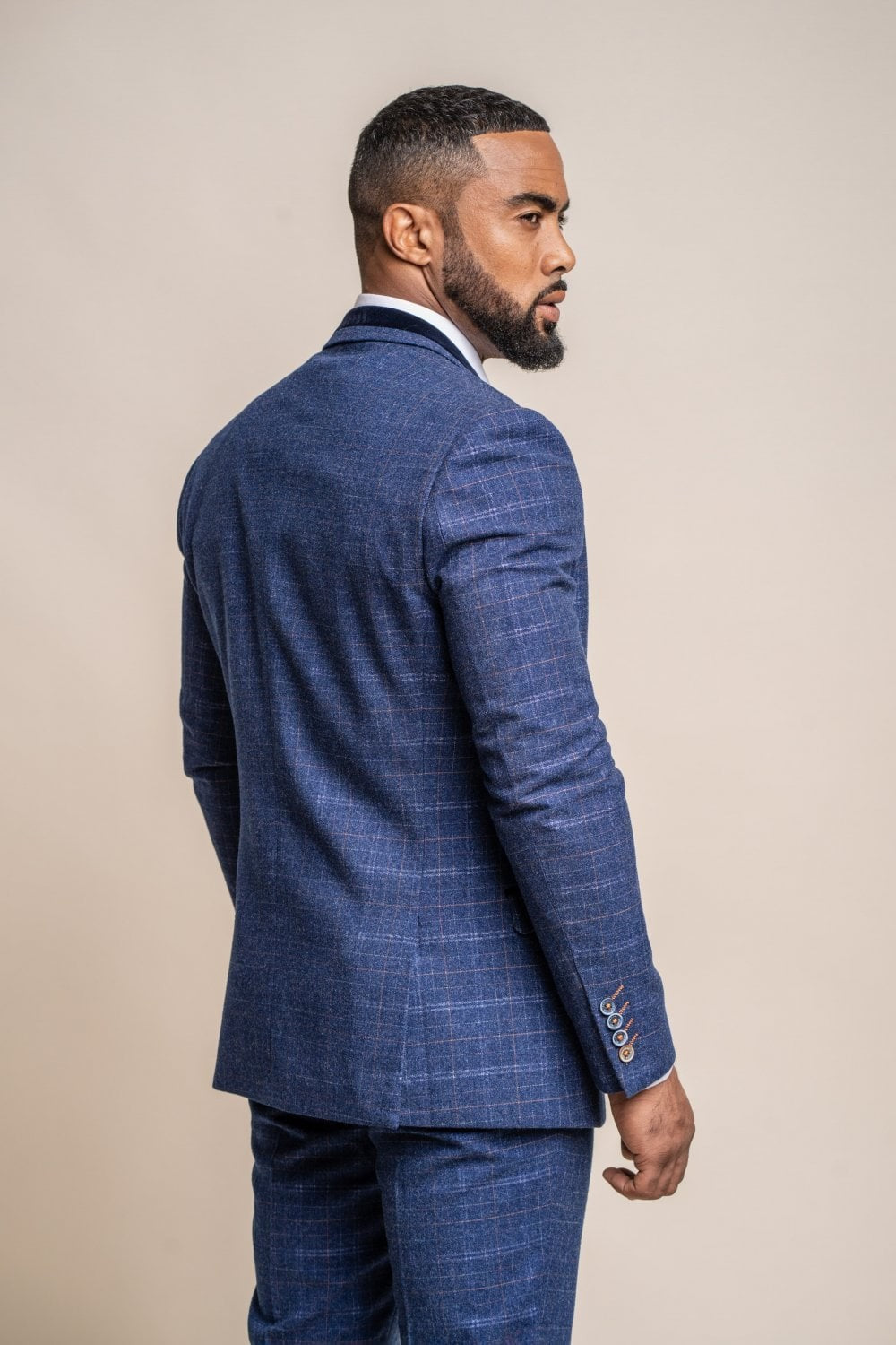 Mens Navy Blue Tweed Check Slim Fit Suit KAISER
