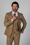 Man wearing a brown checkered suit with a white shirt and green tie on a gray background