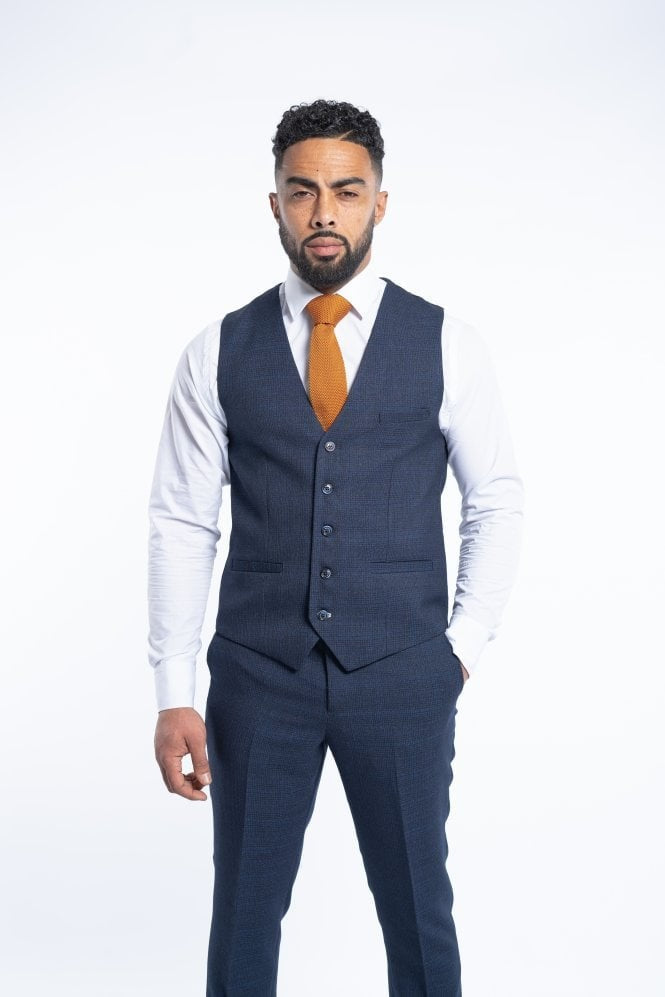 Mens Navy Tweed Glen Check Slim Fit Formal Waistcoat CARIDI