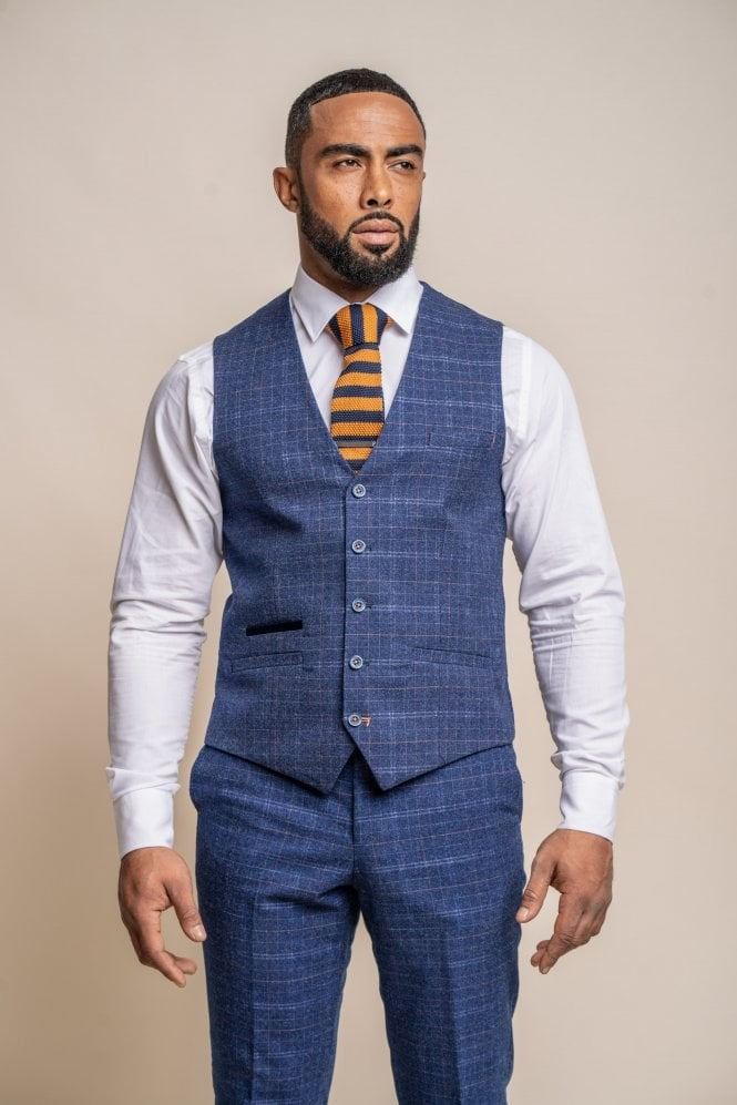 Mens navy tweed check slim fit waistcoat Kaiser
