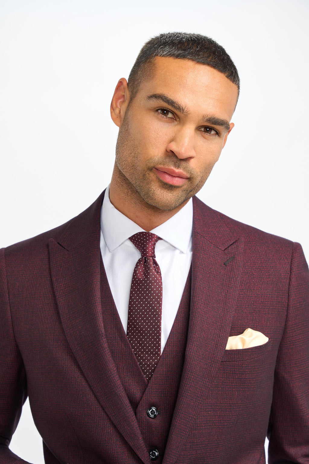 Mens Wine 3 Piece Tweed Glen Check Suit CARIDI