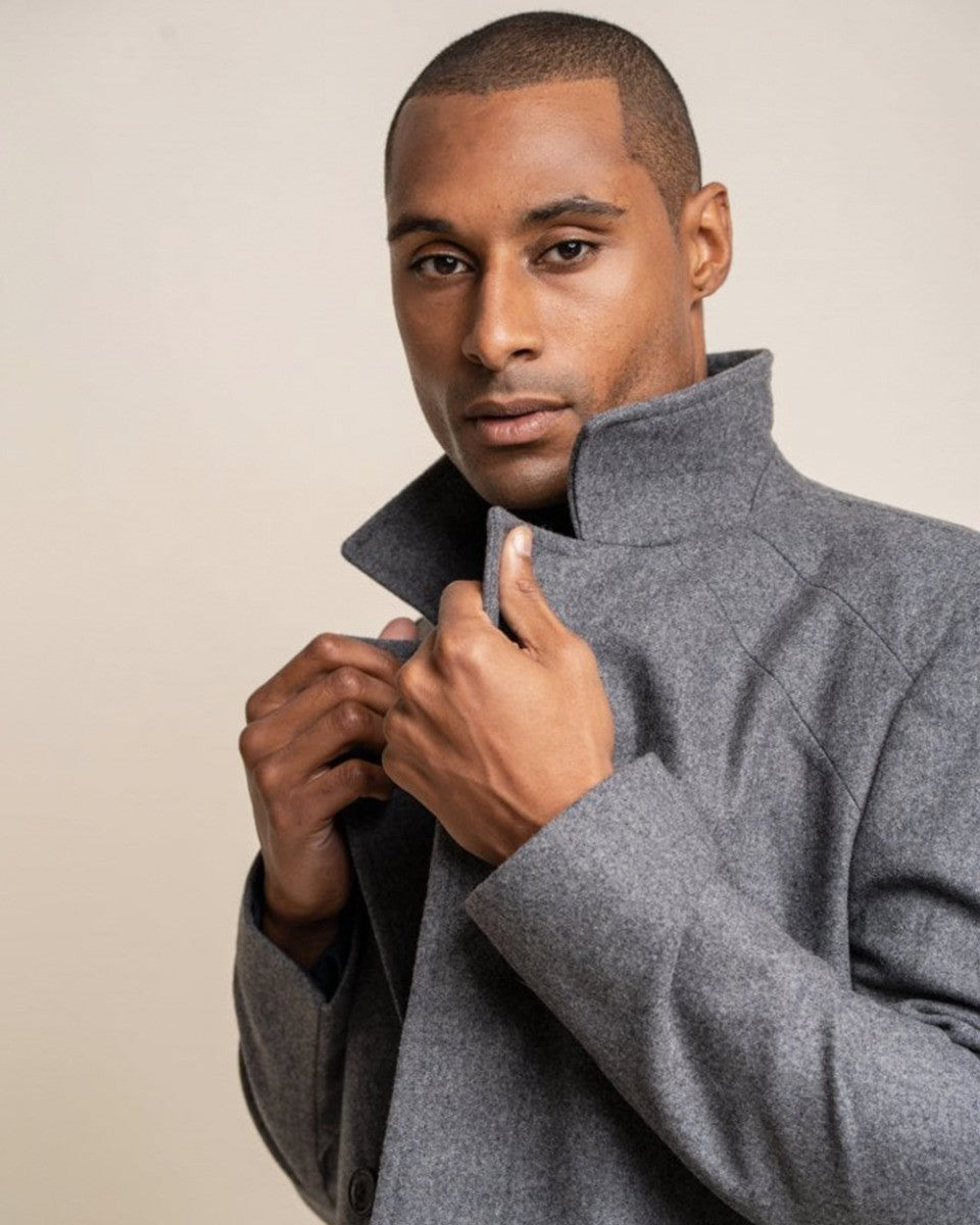 Men's stale grey wool-blend mid-length coat, NELSON.
