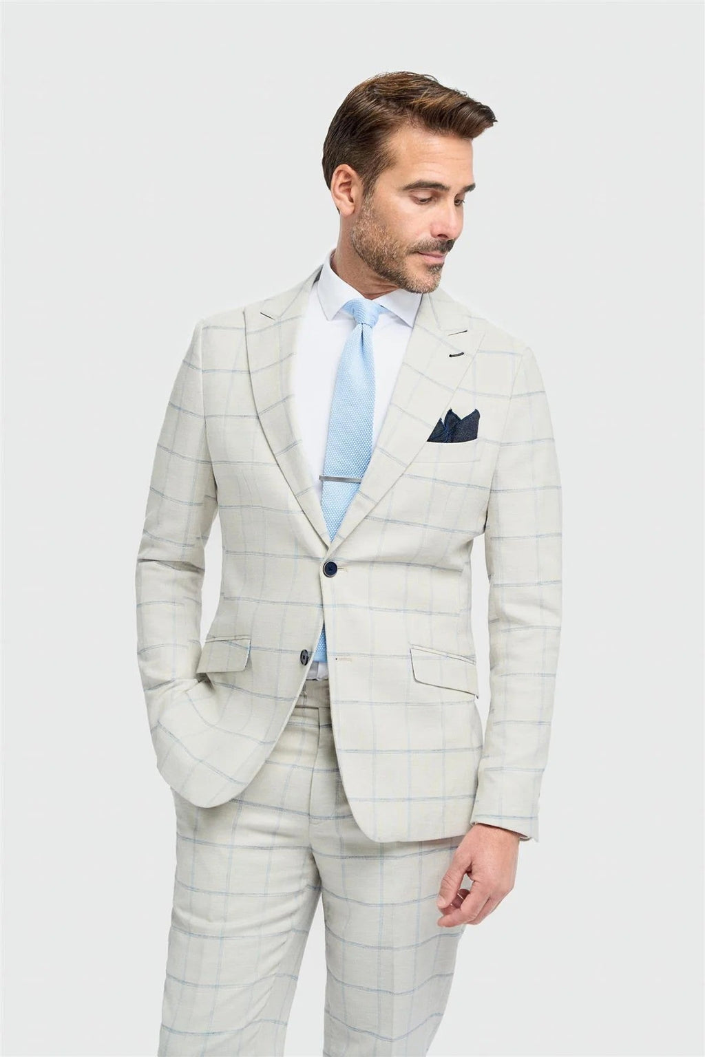 Men's Gabriel 2-Piece Pale Grey Windowpane Check Modern Suit