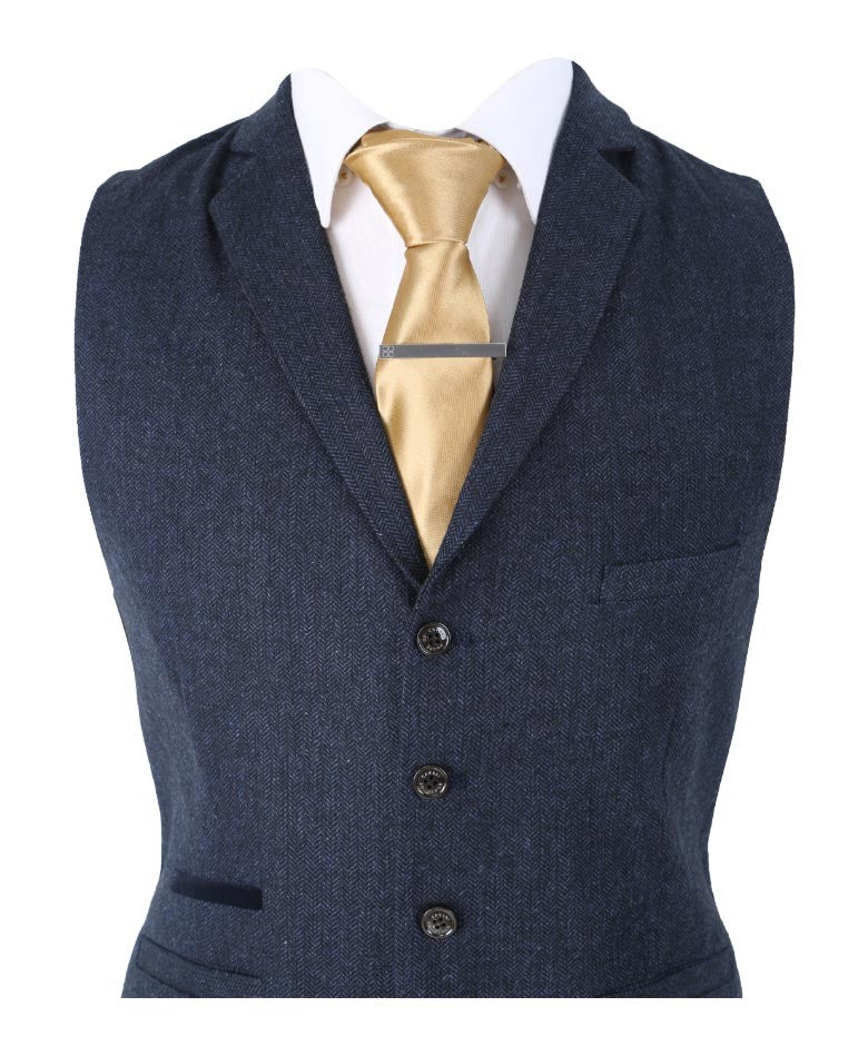 Mens Navy Herringbone Tweed Slim Fit Waistcoat MARTEZ