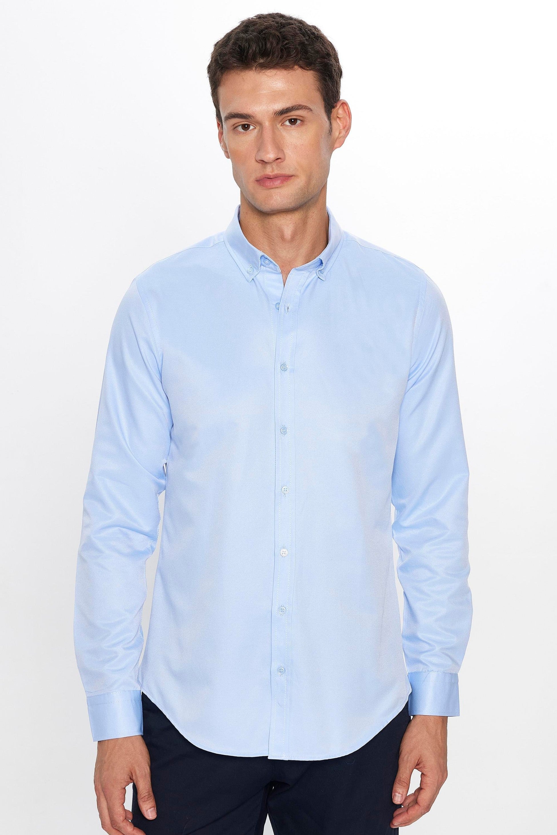 Mens Gabardin Light Blue Slim Fit Cotton Oxford Button Down Shirt