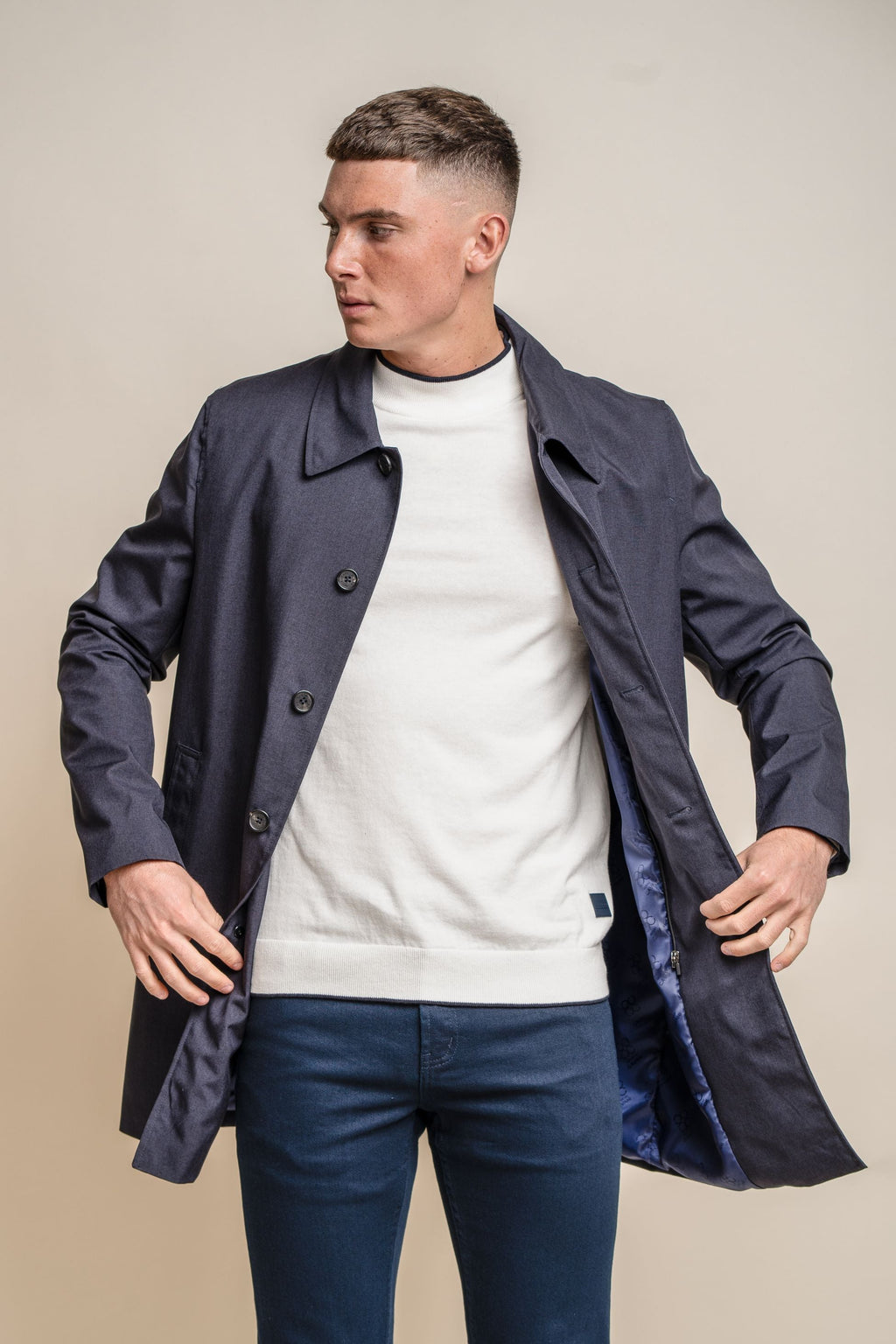 Men's navy blue midi-length Geke coat with removable zipper, BRANDO.