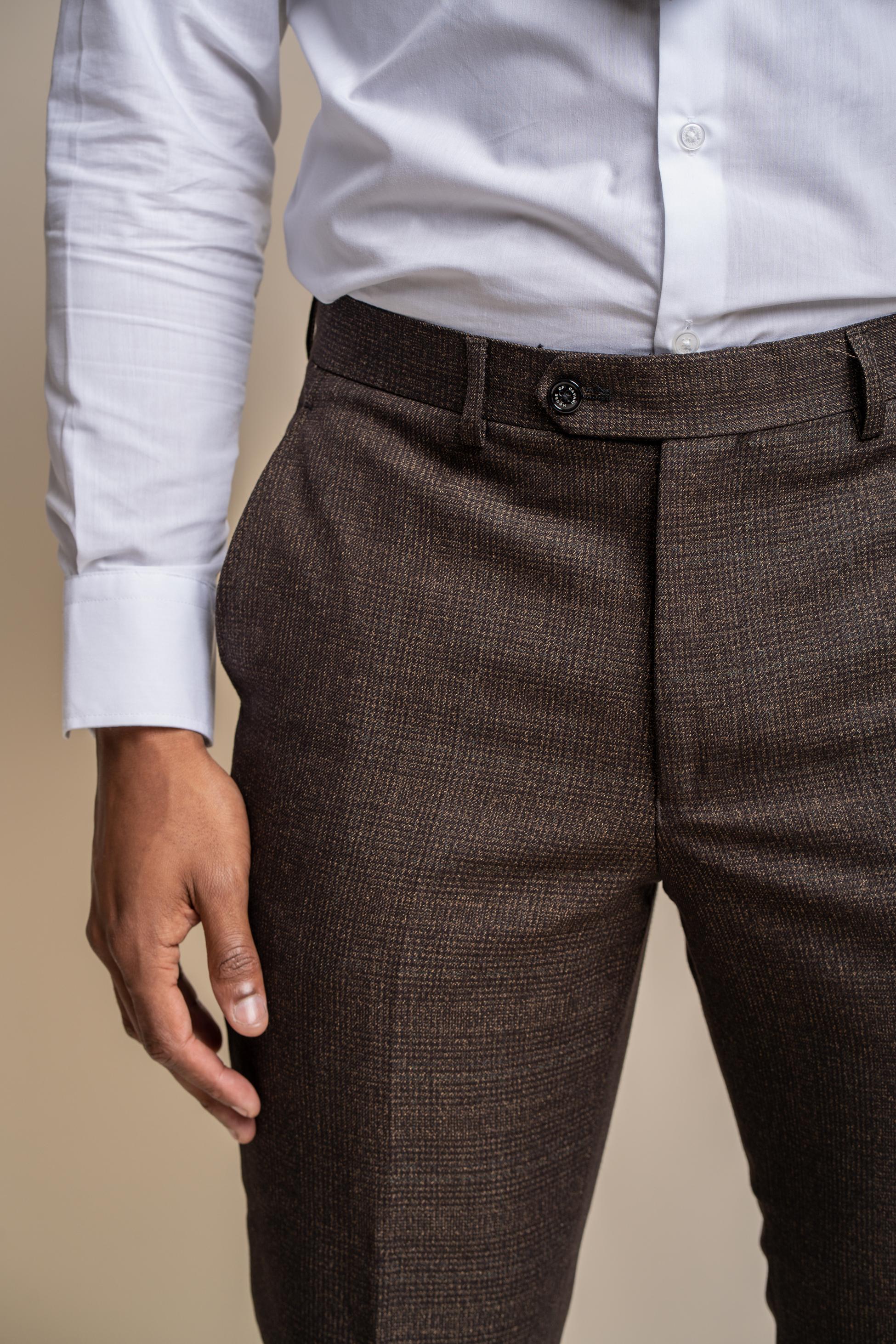 Men's Tweed Glen Check Slim Fit Trousers - CARIDI - Brown