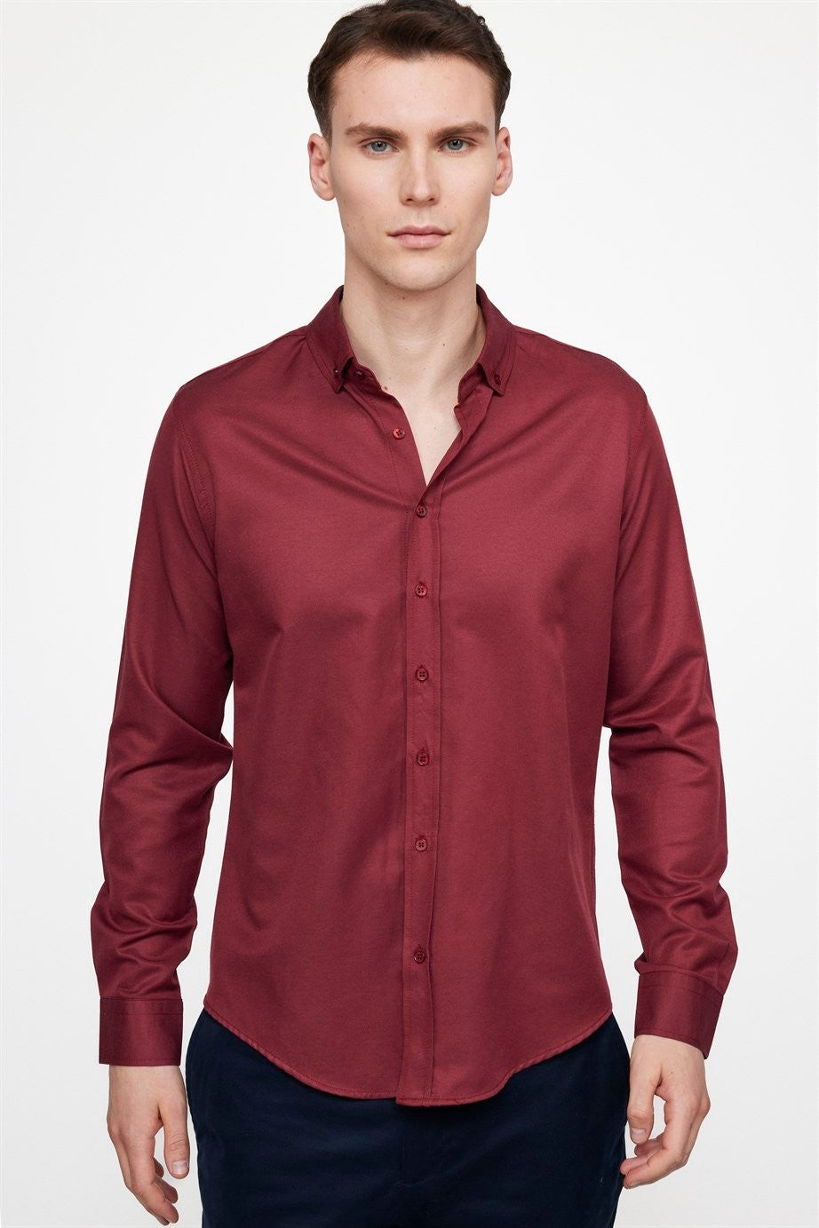 Mens Gabardin Burgundy Slim Fit Cotton Oxford Button Down Shirt