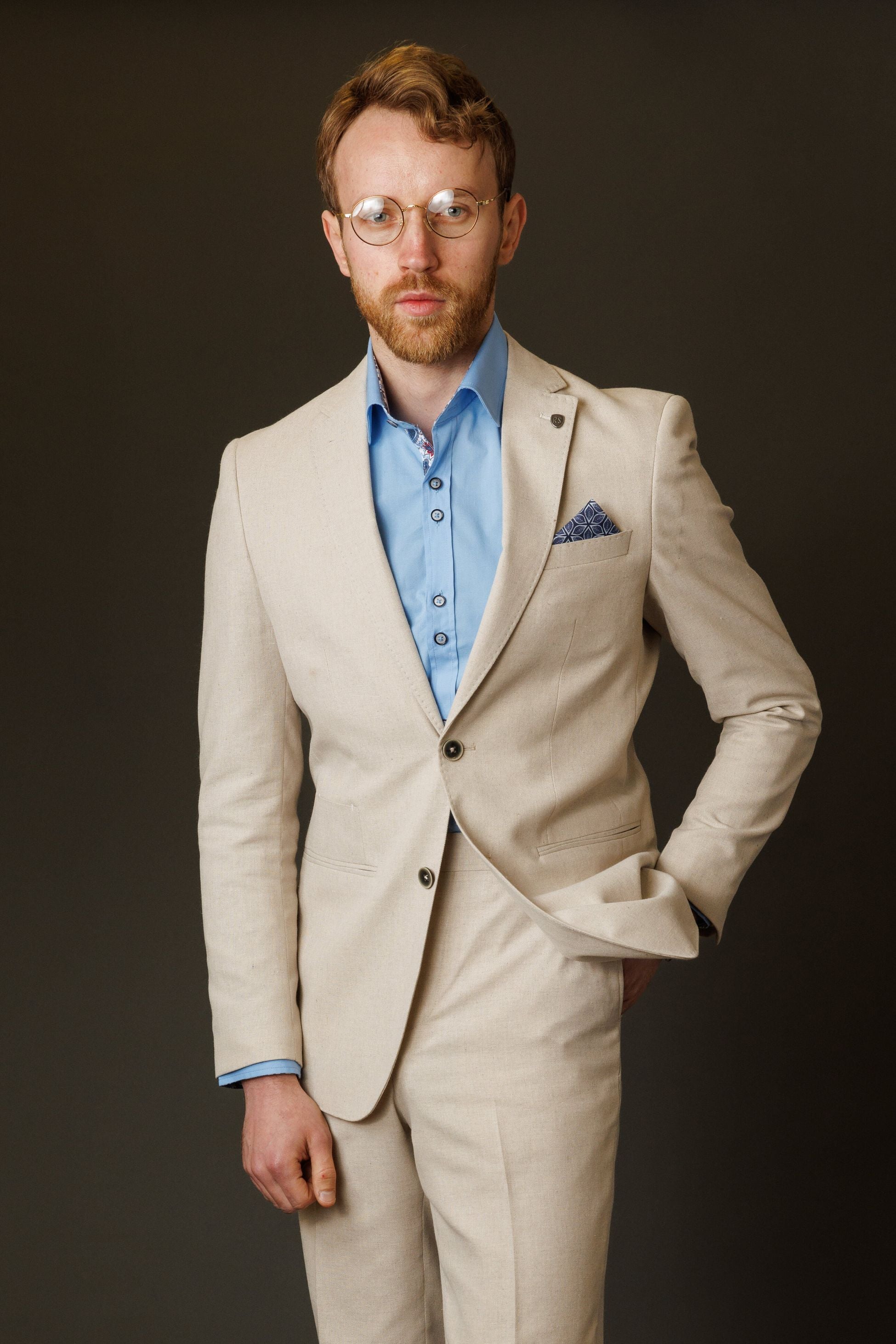 GIOVANNI Cream Men's Cotton Blend Self Patterned Suit
