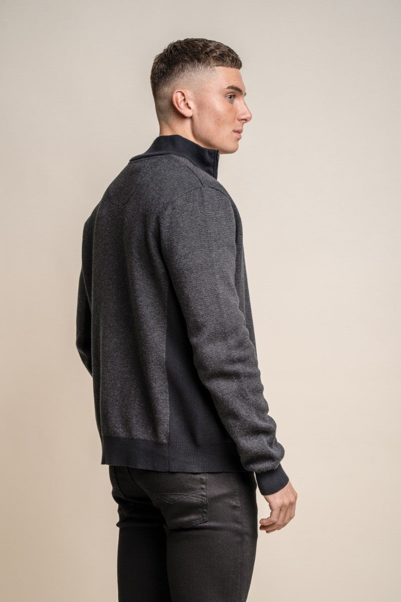 Mens Charcoal Grey Knitted Cotton Slim Fit Cardigan Jacket ARTEGA