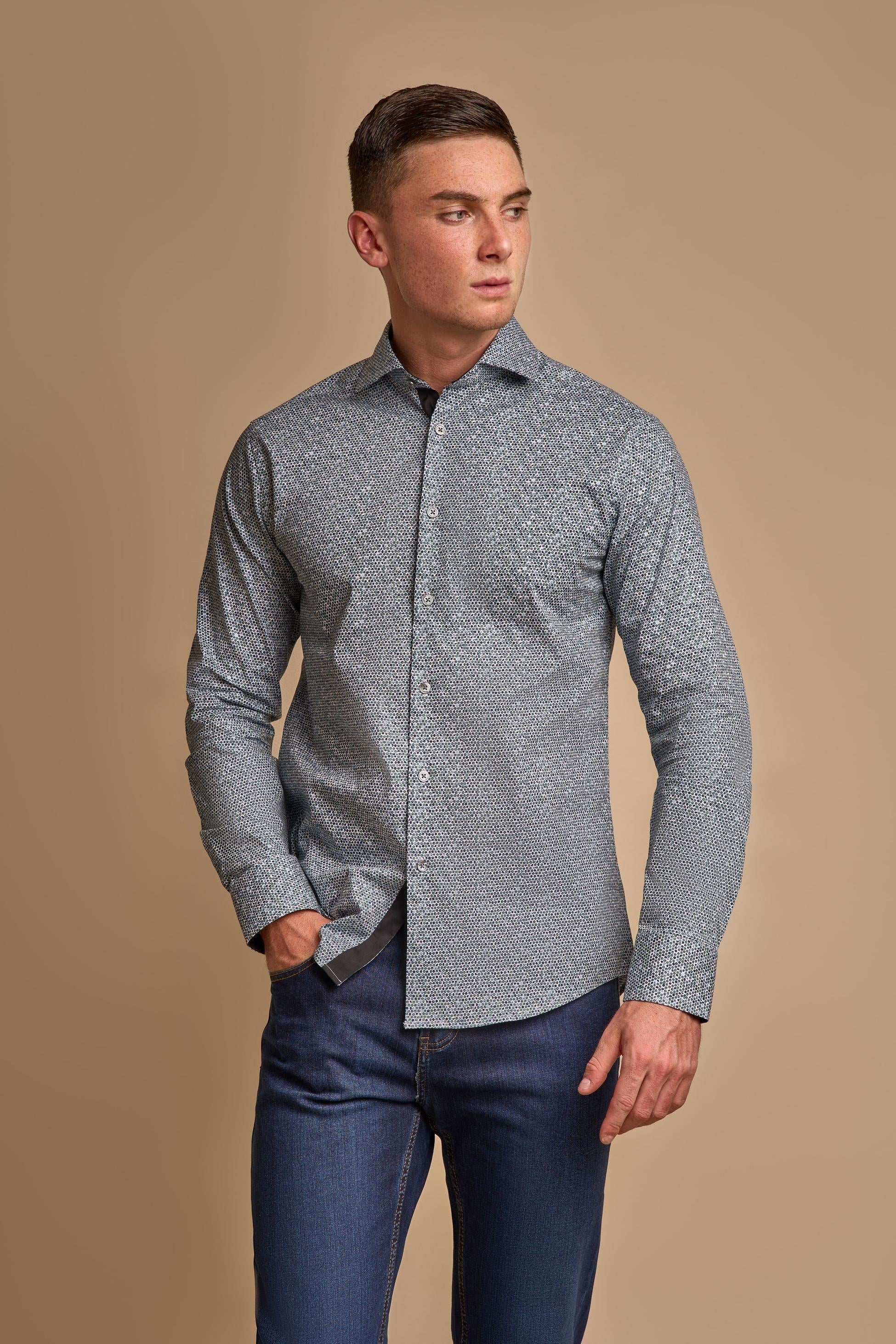 Men’s blue slim fit patterned cotton shirt semi-formal